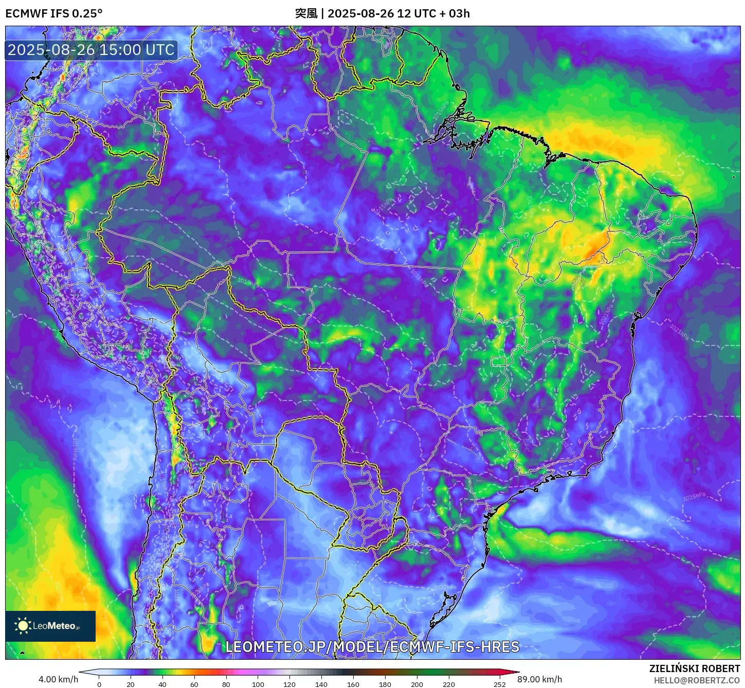 ECMWF IFS 0.25° model - ブラジル, 突風 ECMWF IFS 0.25° model - ブラジル, 突風