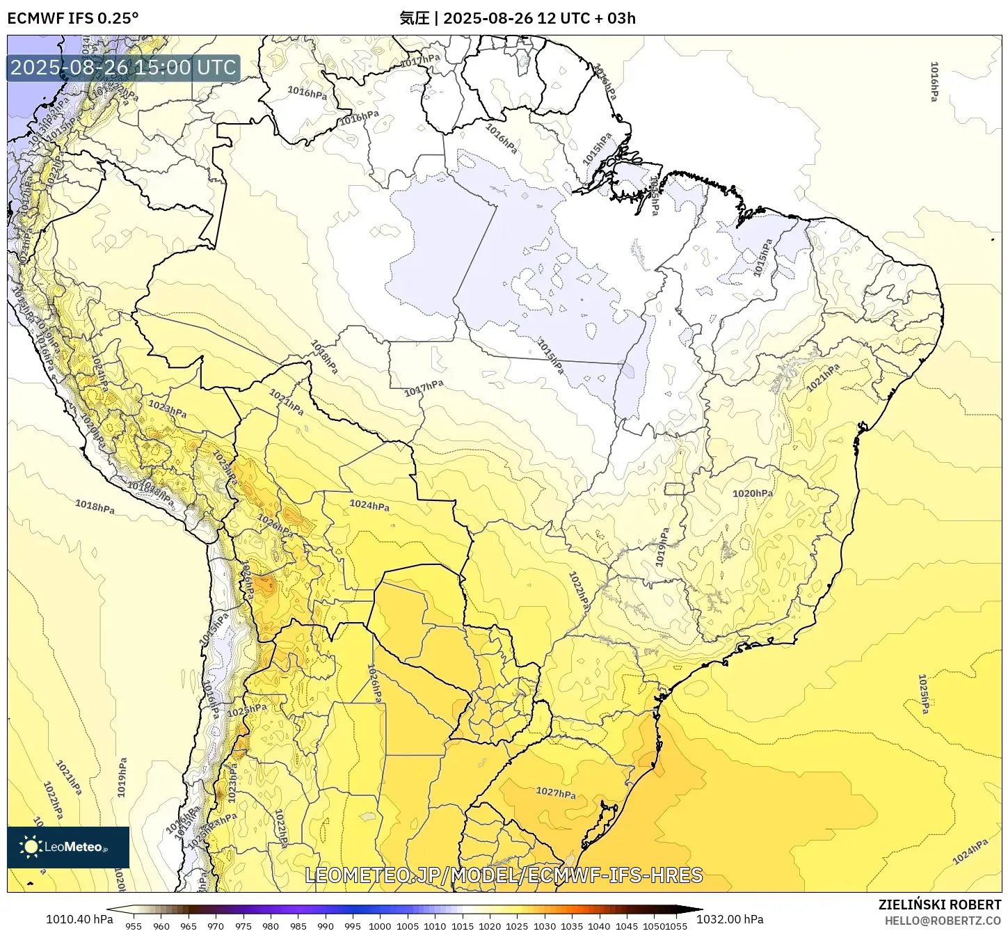 ECMWF IFS 0.25° model - ブラジル, 気圧 ECMWF IFS 0.25° model - ブラジル, 気圧