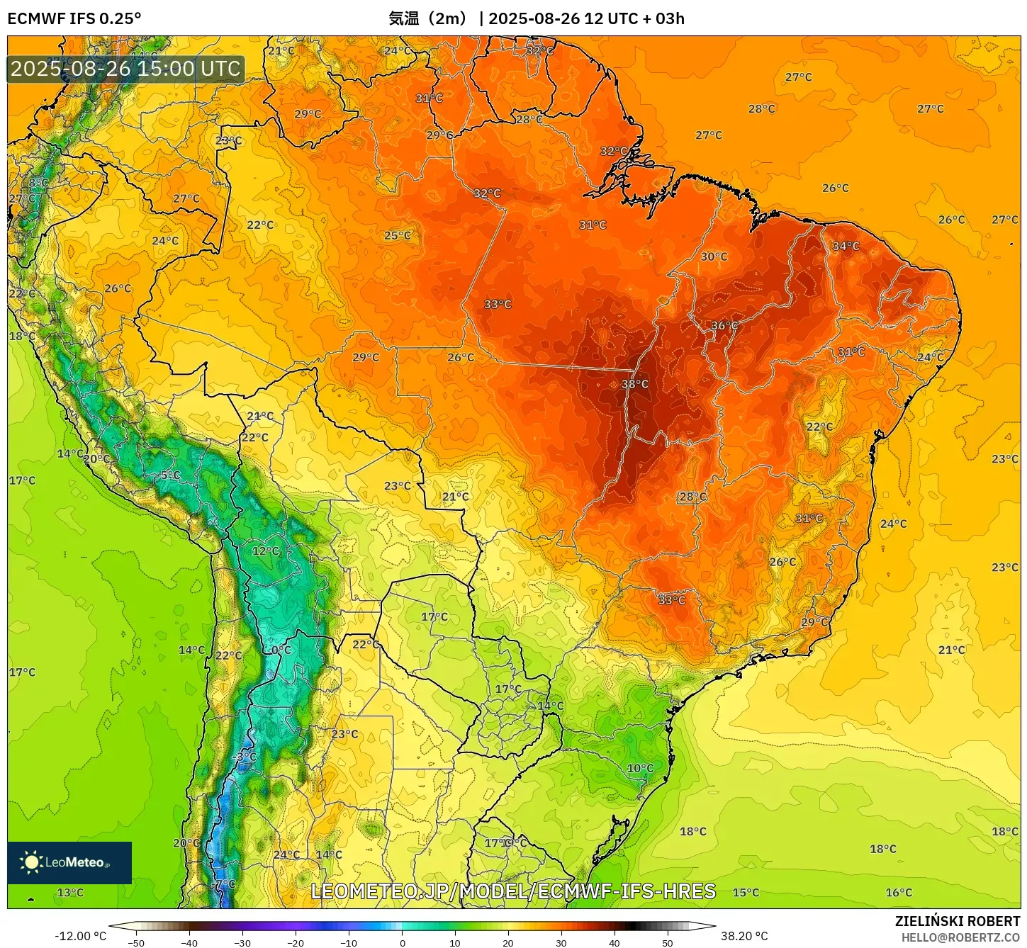 ECMWF IFS 0.25° model - ブラジル, 気温(2m) ECMWF IFS 0.25° model - ブラジル, 気温(2m)