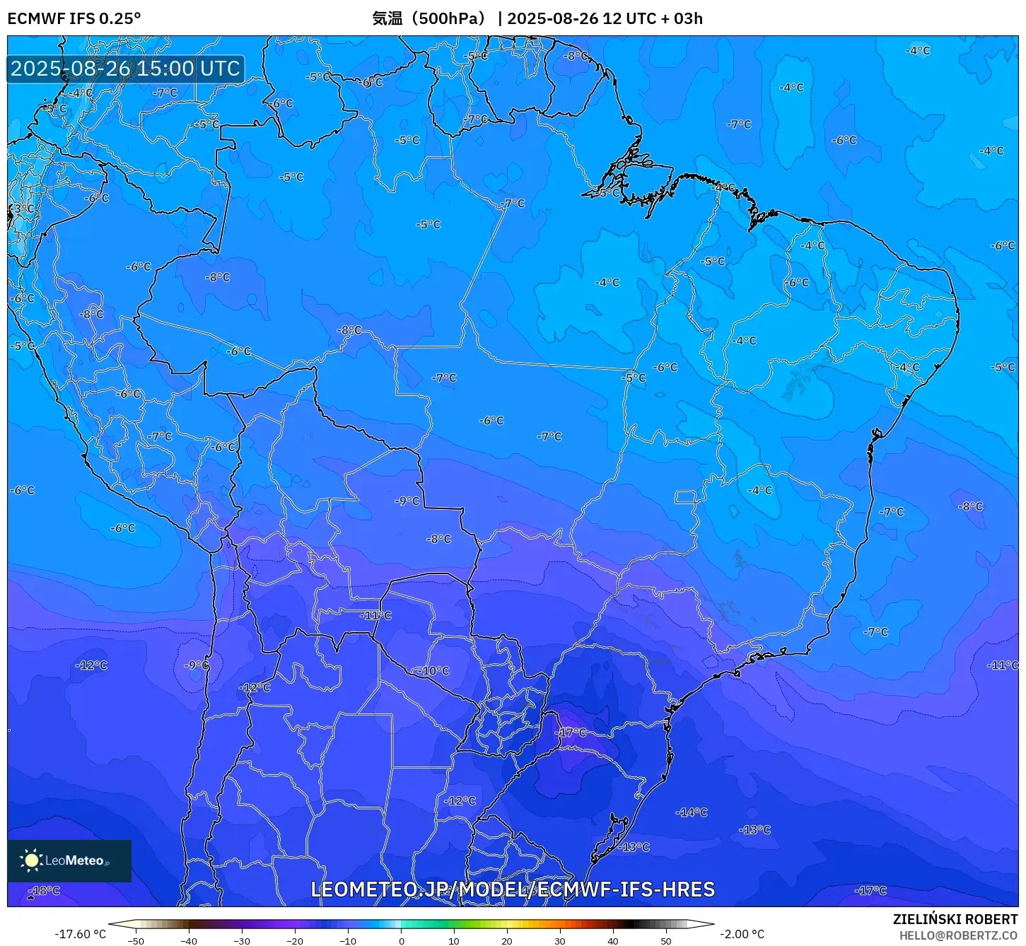 ECMWF IFS 0.25° model - ブラジル, 気温(500hPa) ECMWF IFS 0.25° model - ブラジル, 気温(500hPa)