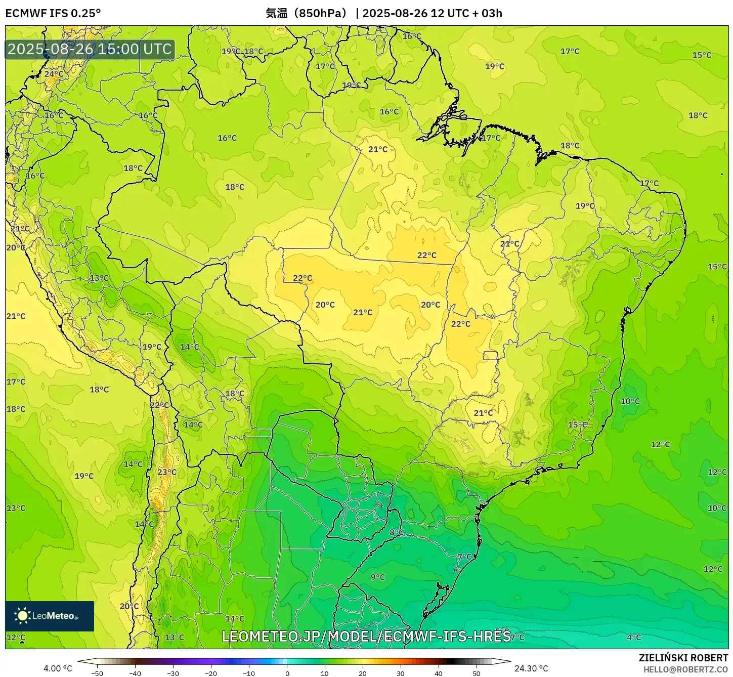 ECMWF IFS 0.25° model - ブラジル, 気温(850hPa) ECMWF IFS 0.25° model - ブラジル, 気温(850hPa)