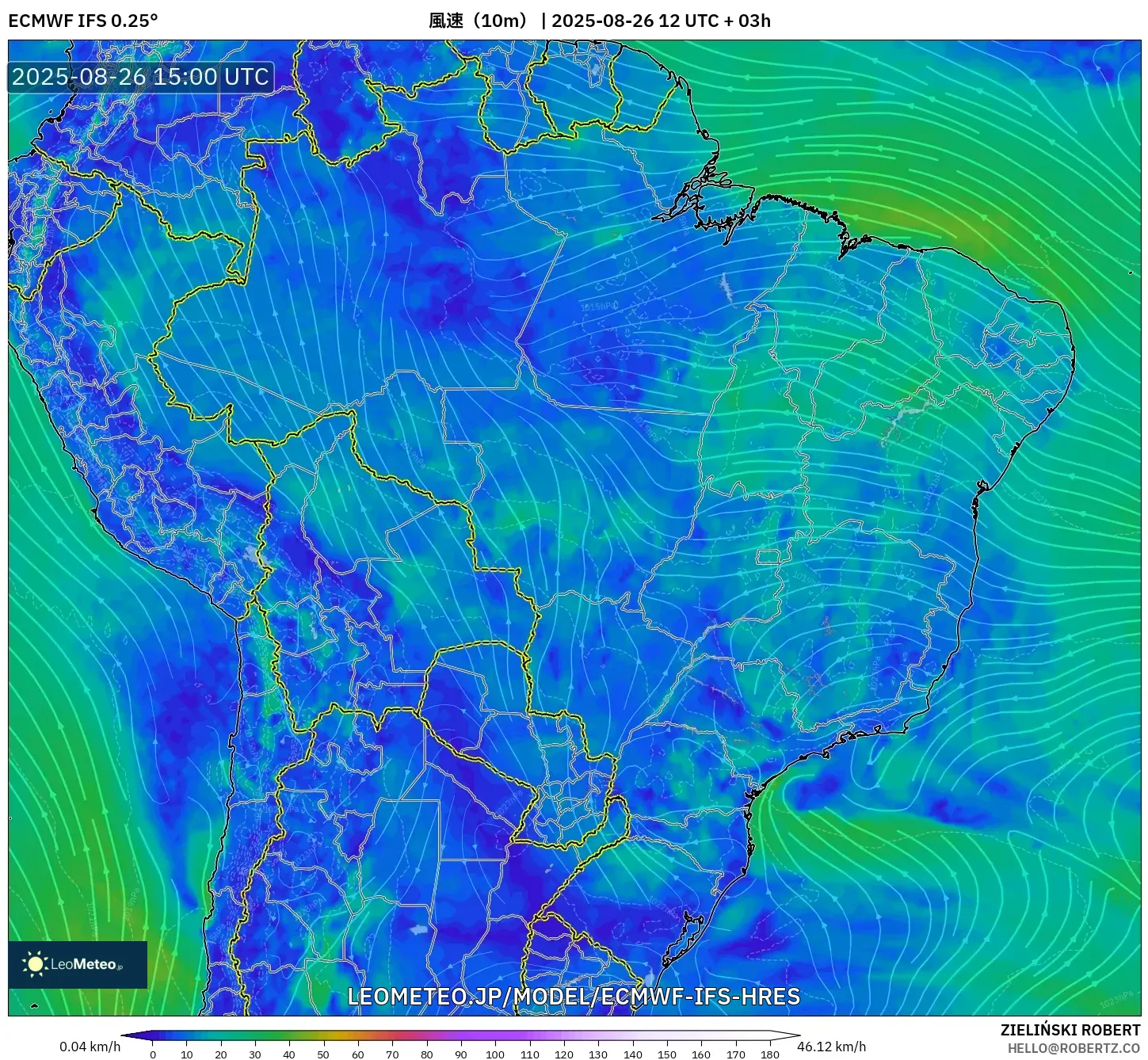 ECMWF IFS 0.25° model - ブラジル, 風速(10m) ECMWF IFS 0.25° model - ブラジル, 風速(10m)