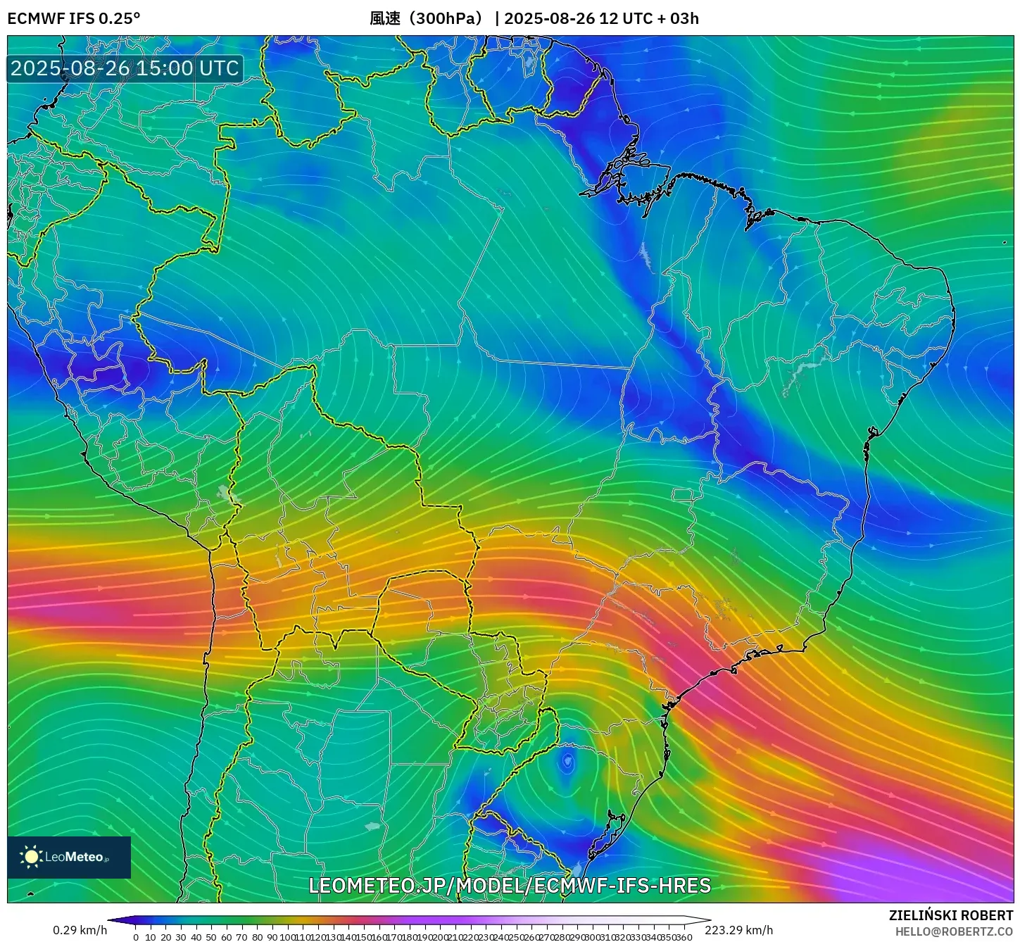 ECMWF IFS 0.25° model - ブラジル, 風速(300hPa) ECMWF IFS 0.25° model - ブラジル, 風速(300hPa)