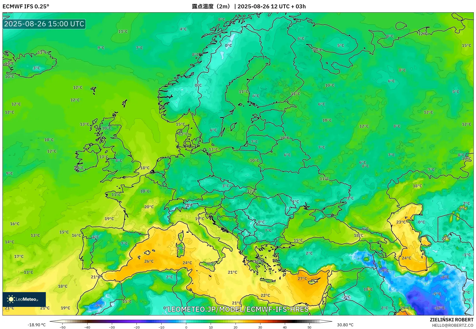 ECMWF IFS 0.25° model - ヨーロッパ, 露点温度(2m) ECMWF IFS 0.25° model - ヨーロッパ, 露点温度(2m)