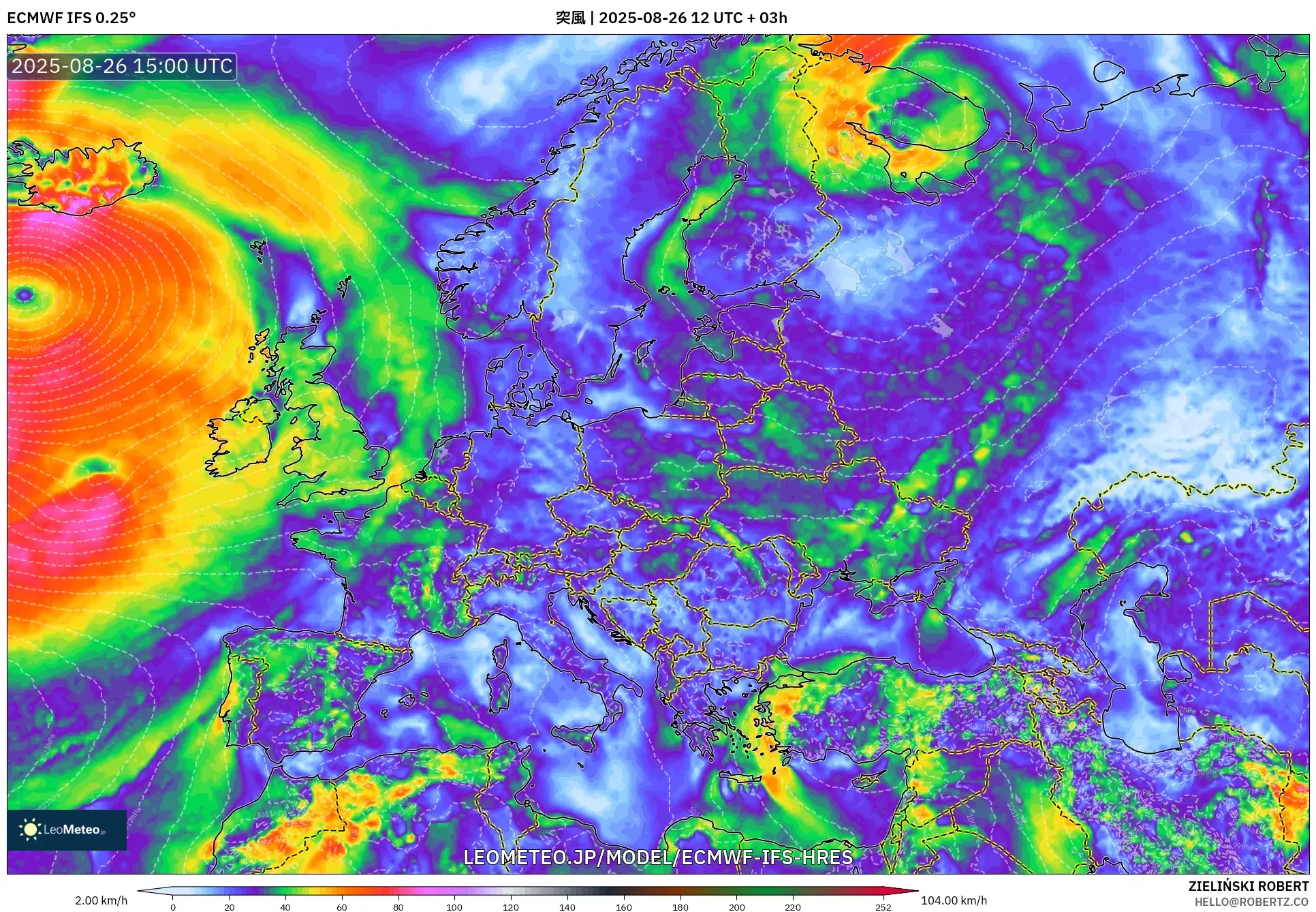 ECMWF IFS 0.25° model - ヨーロッパ, 突風 ECMWF IFS 0.25° model - ヨーロッパ, 突風