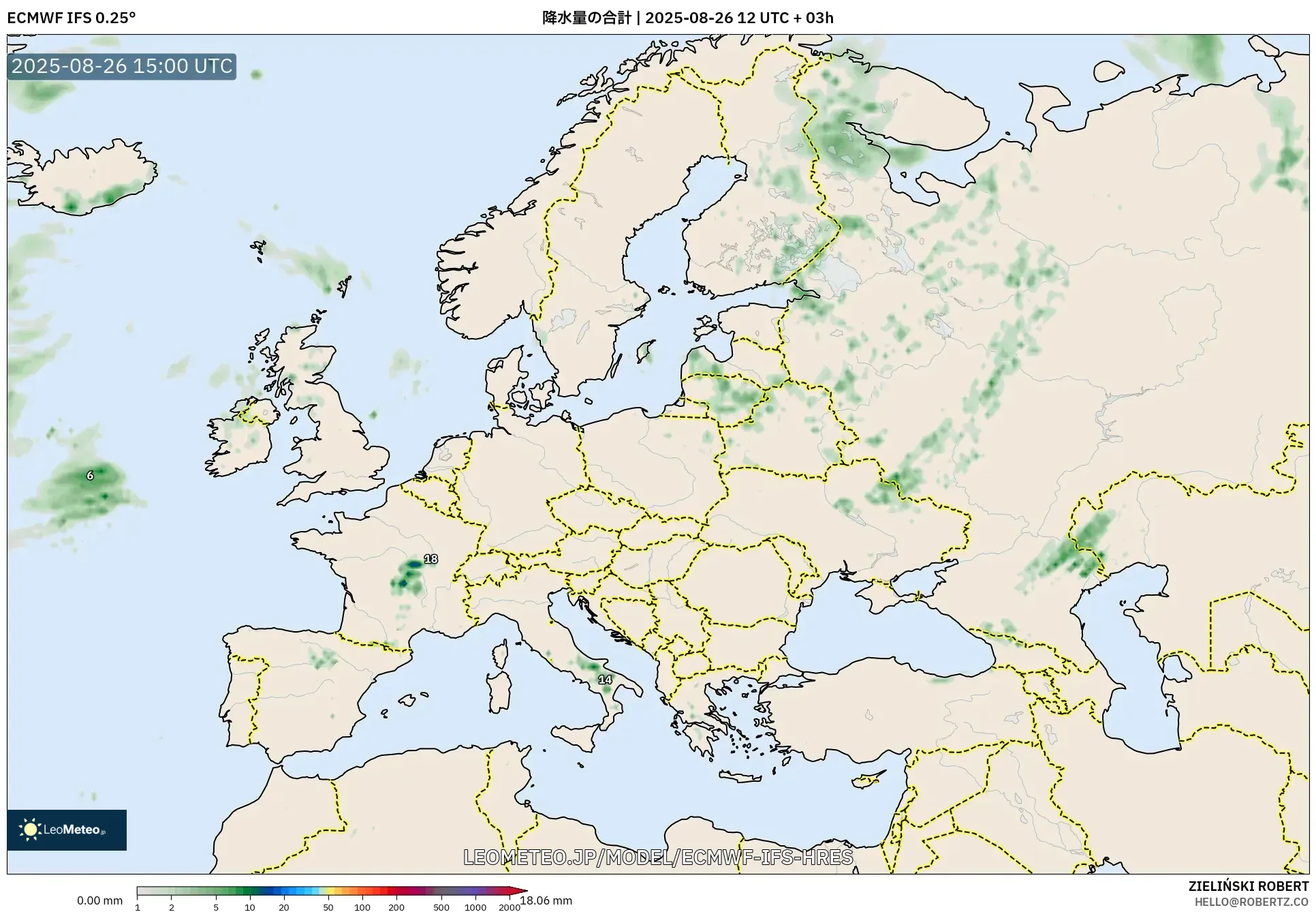 ECMWF IFS 0.25° model - ヨーロッパ, 降水量の合計 ECMWF IFS 0.25° model - ヨーロッパ, 降水量の合計