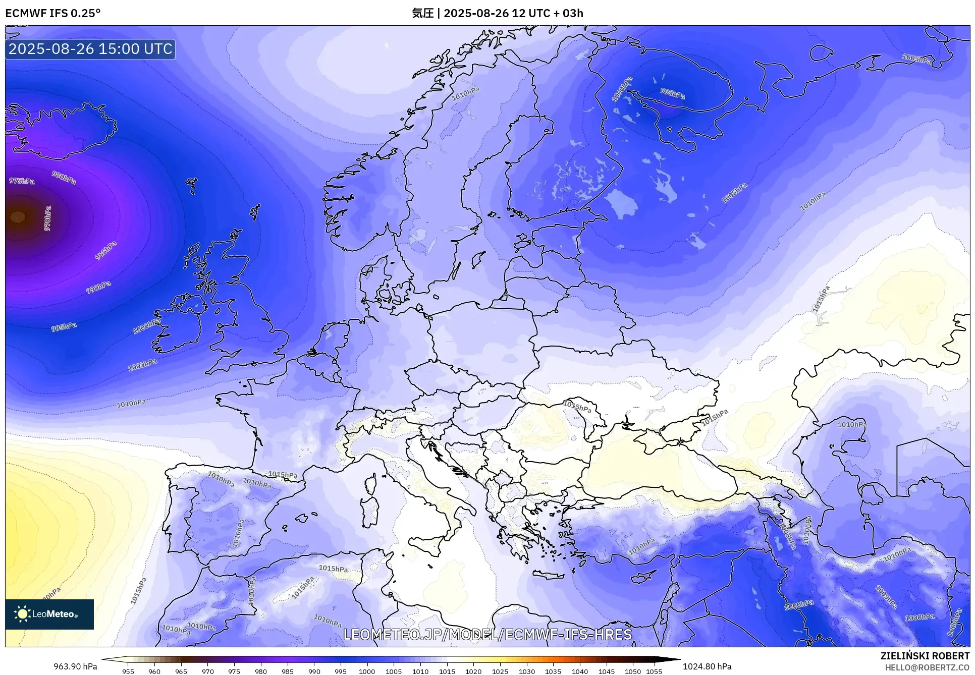 ECMWF IFS 0.25° model - ヨーロッパ, 気圧 ECMWF IFS 0.25° model - ヨーロッパ, 気圧