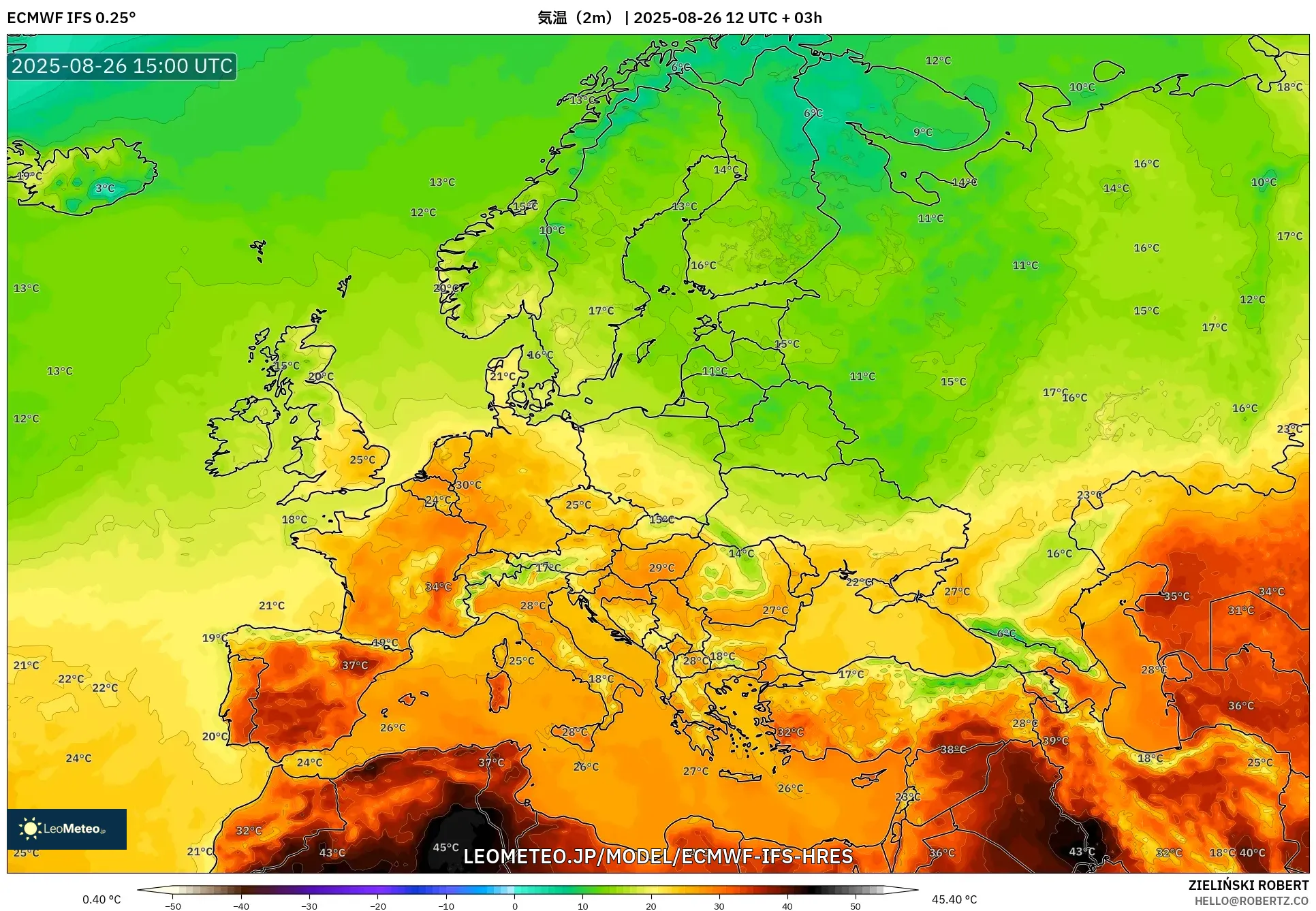 ECMWF IFS 0.25° model - ヨーロッパ, 気温(2m) ECMWF IFS 0.25° model - ヨーロッパ, 気温(2m)