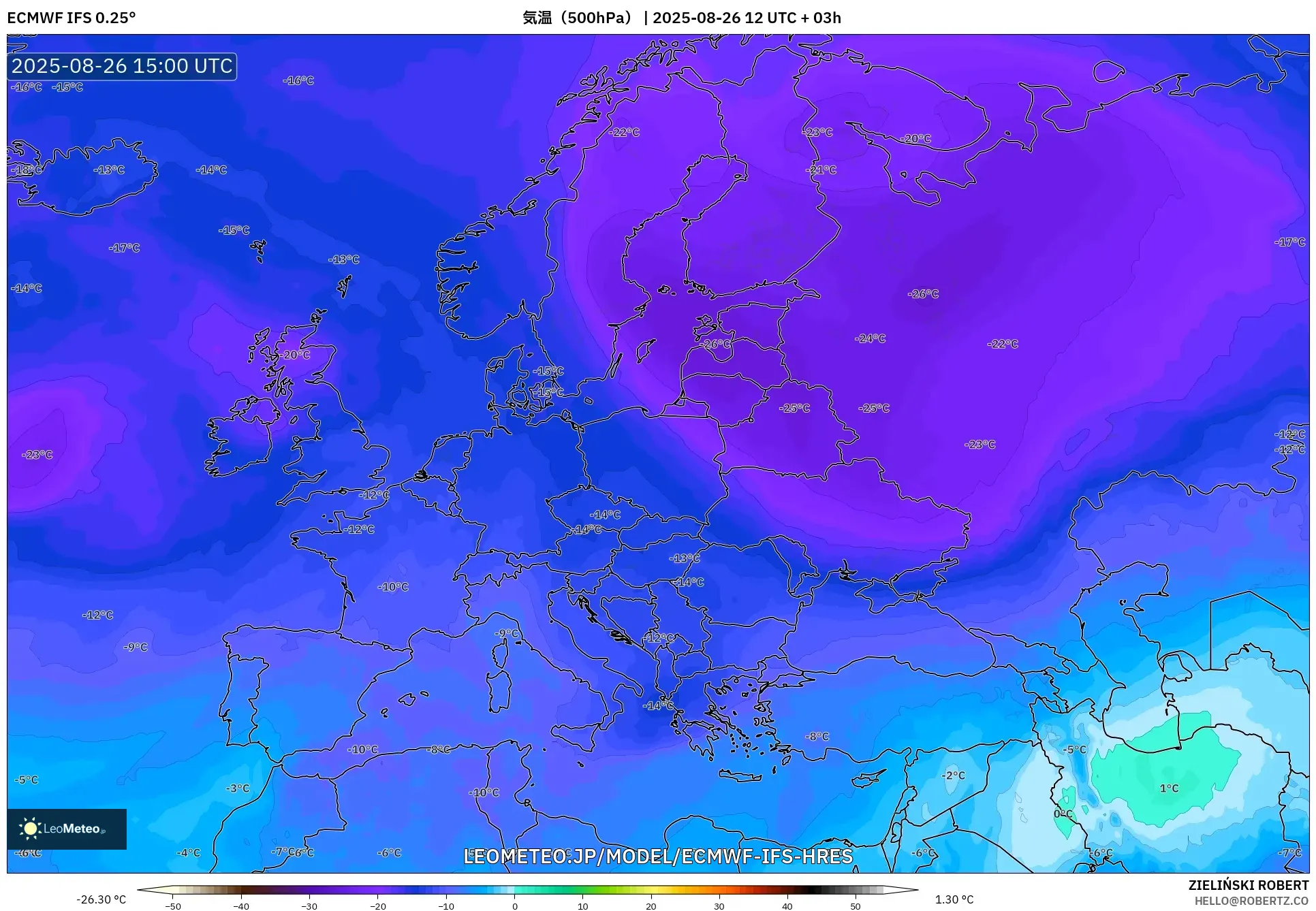 ECMWF IFS 0.25° model - ヨーロッパ, 気温(500hPa) ECMWF IFS 0.25° model - ヨーロッパ, 気温(500hPa)