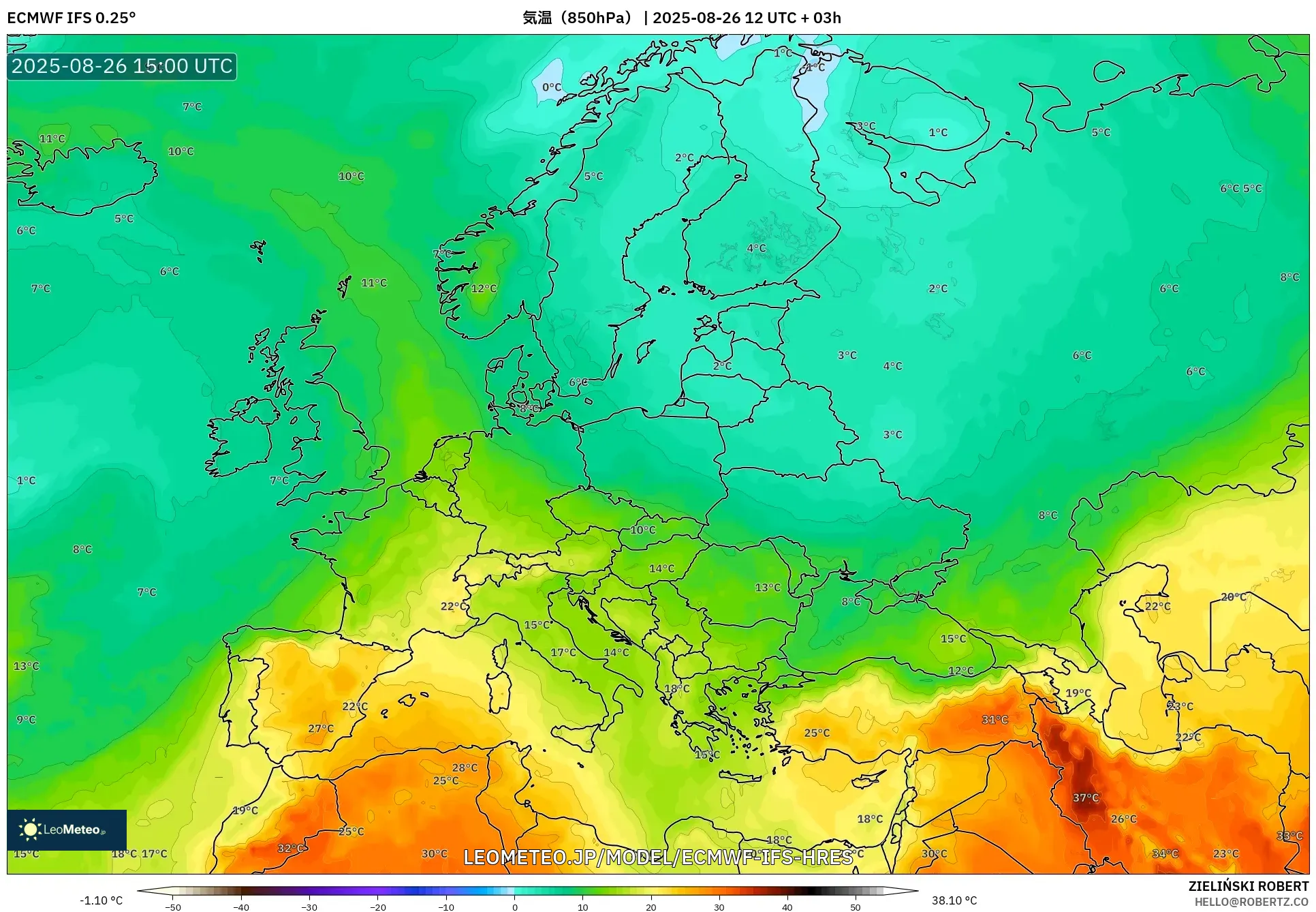 ECMWF IFS 0.25° model - ヨーロッパ, 気温(850hPa) ECMWF IFS 0.25° model - ヨーロッパ, 気温(850hPa)