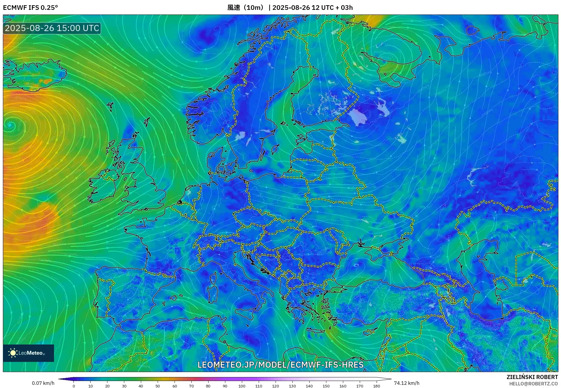 ECMWF IFS 0.25° model - ヨーロッパ, 風速(10m) ECMWF IFS 0.25° model - ヨーロッパ, 風速(10m)