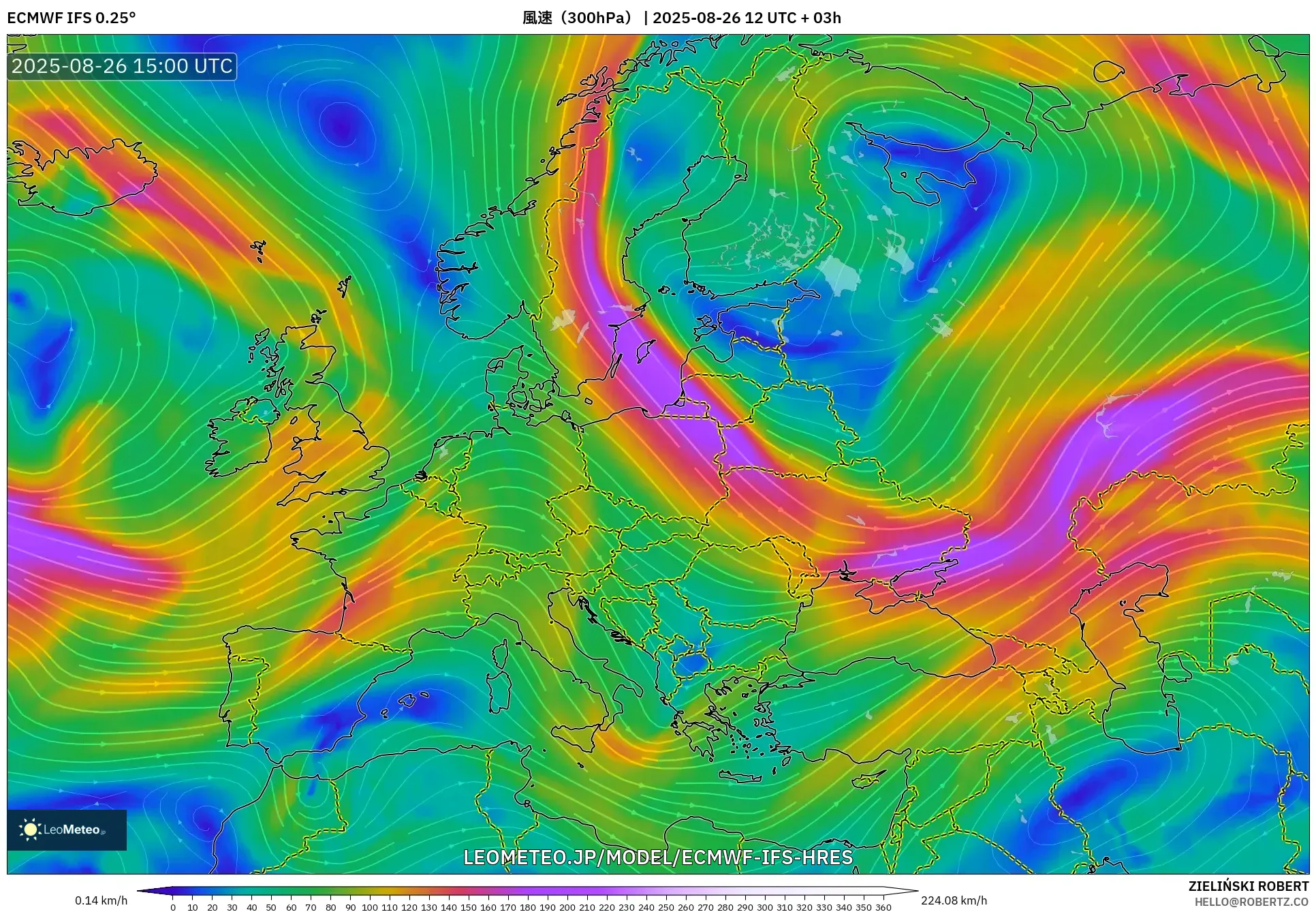 ECMWF IFS 0.25° model - ヨーロッパ, 風速(300hPa) ECMWF IFS 0.25° model - ヨーロッパ, 風速(300hPa)