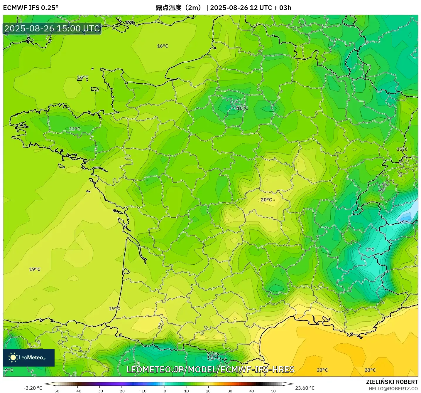 ECMWF IFS 0.25° model - フランス, 露点温度（2m）