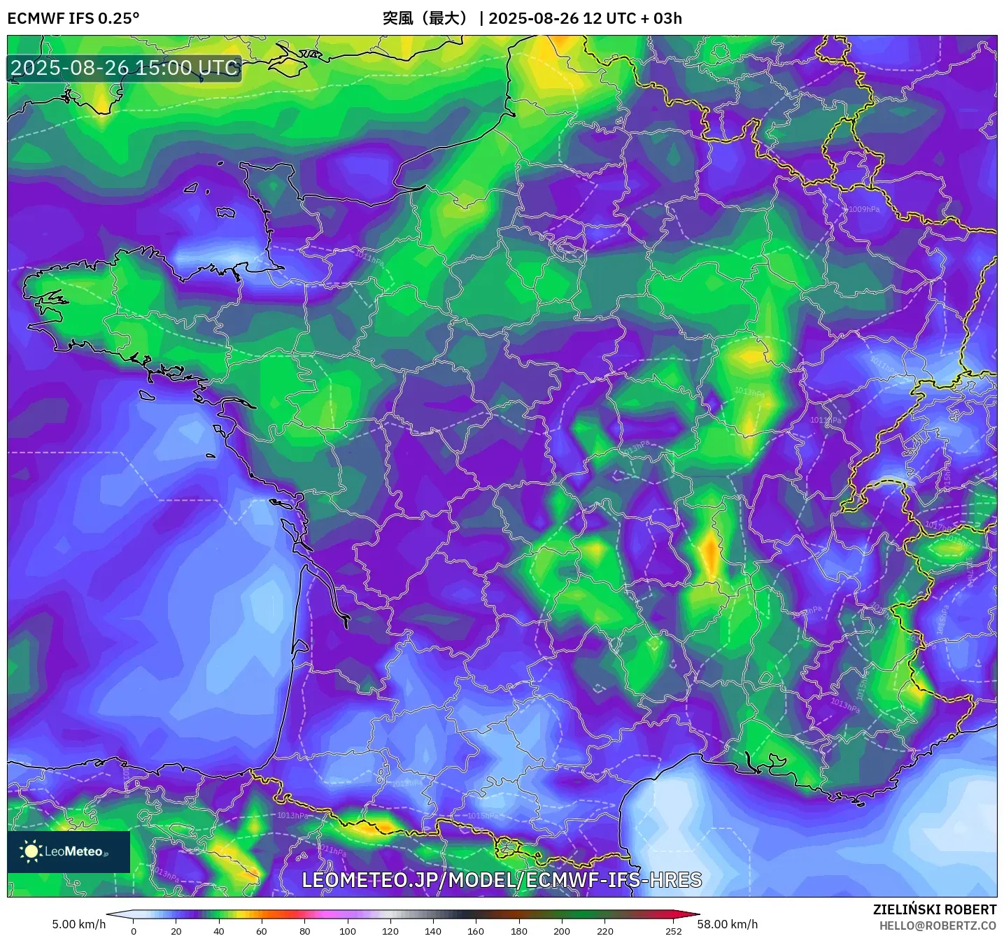 ECMWF IFS 0.25° model - フランス, 突風(最大) ECMWF IFS 0.25° model - フランス, 突風(最大)