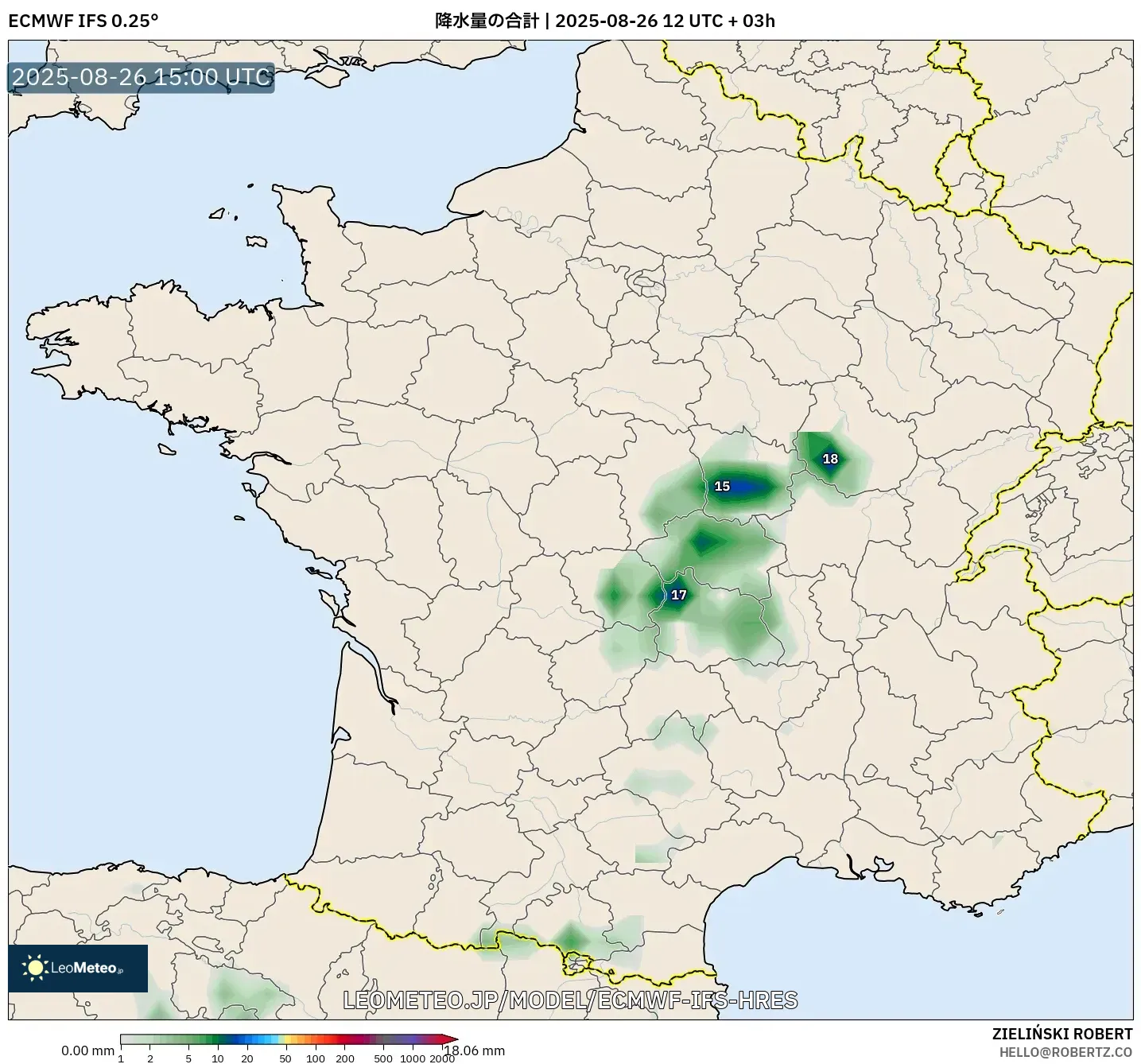 ECMWF IFS 0.25° model - フランス, 降水量の合計 ECMWF IFS 0.25° model - フランス, 降水量の合計