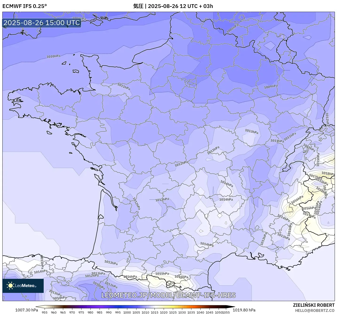 ECMWF IFS 0.25° model - フランス, 気圧 ECMWF IFS 0.25° model - フランス, 気圧