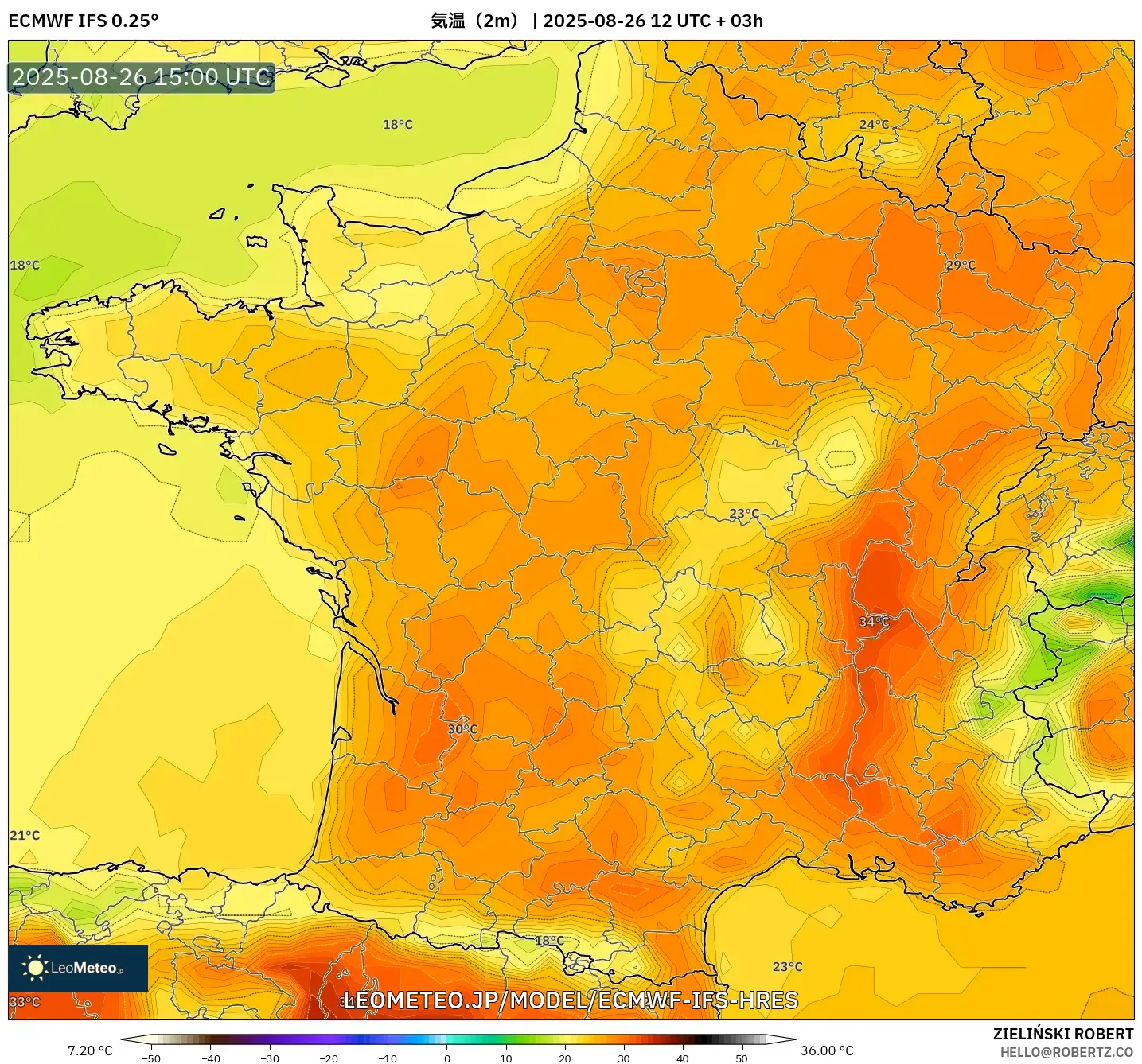 ECMWF IFS 0.25° model - フランス, 気温(2m) ECMWF IFS 0.25° model - フランス, 気温(2m)