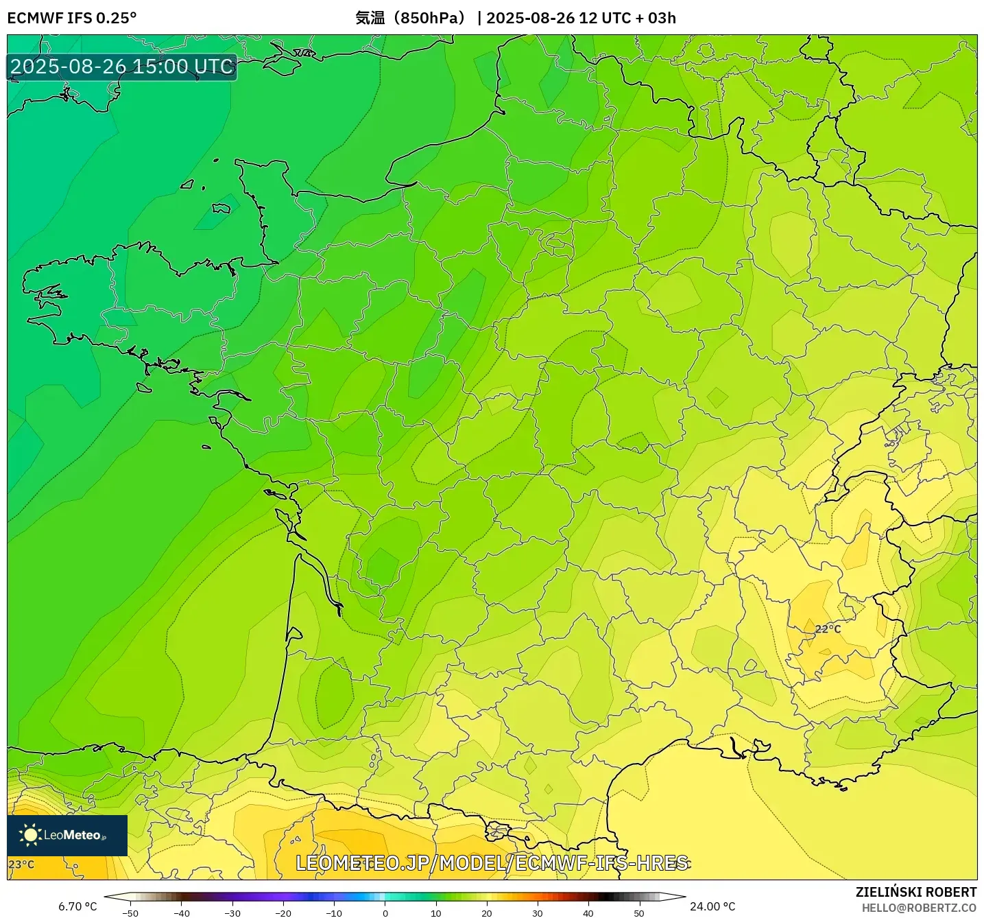 ECMWF IFS 0.25° model - フランス, 気温(850hPa) ECMWF IFS 0.25° model - フランス, 気温(850hPa)