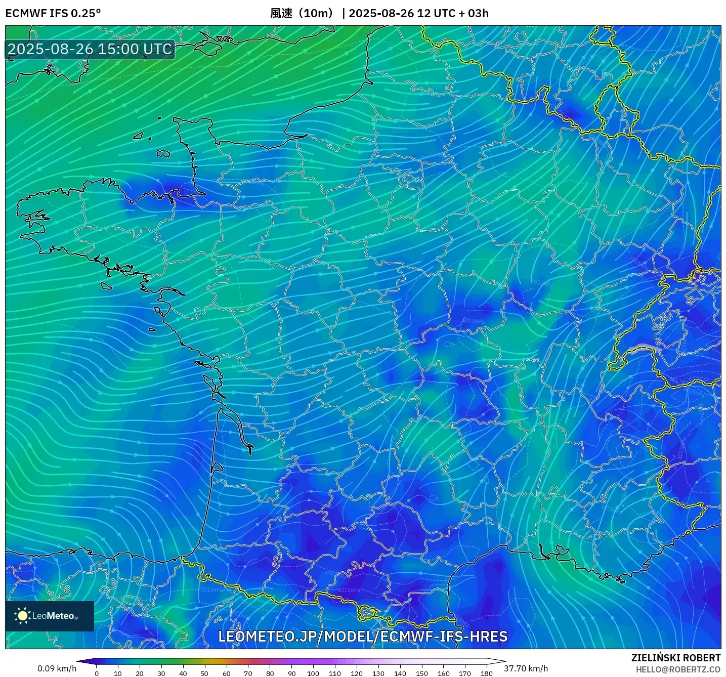 ECMWF IFS 0.25° model - フランス, 風速(10m) ECMWF IFS 0.25° model - フランス, 風速(10m)
