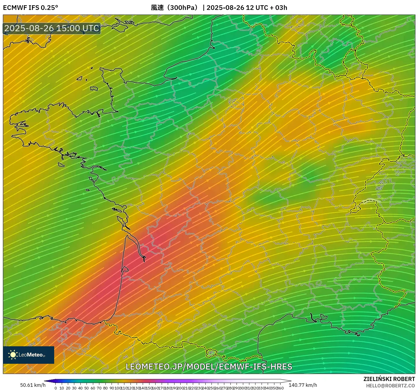 ECMWF IFS 0.25° model - フランス, 風速(300hPa) ECMWF IFS 0.25° model - フランス, 風速(300hPa)