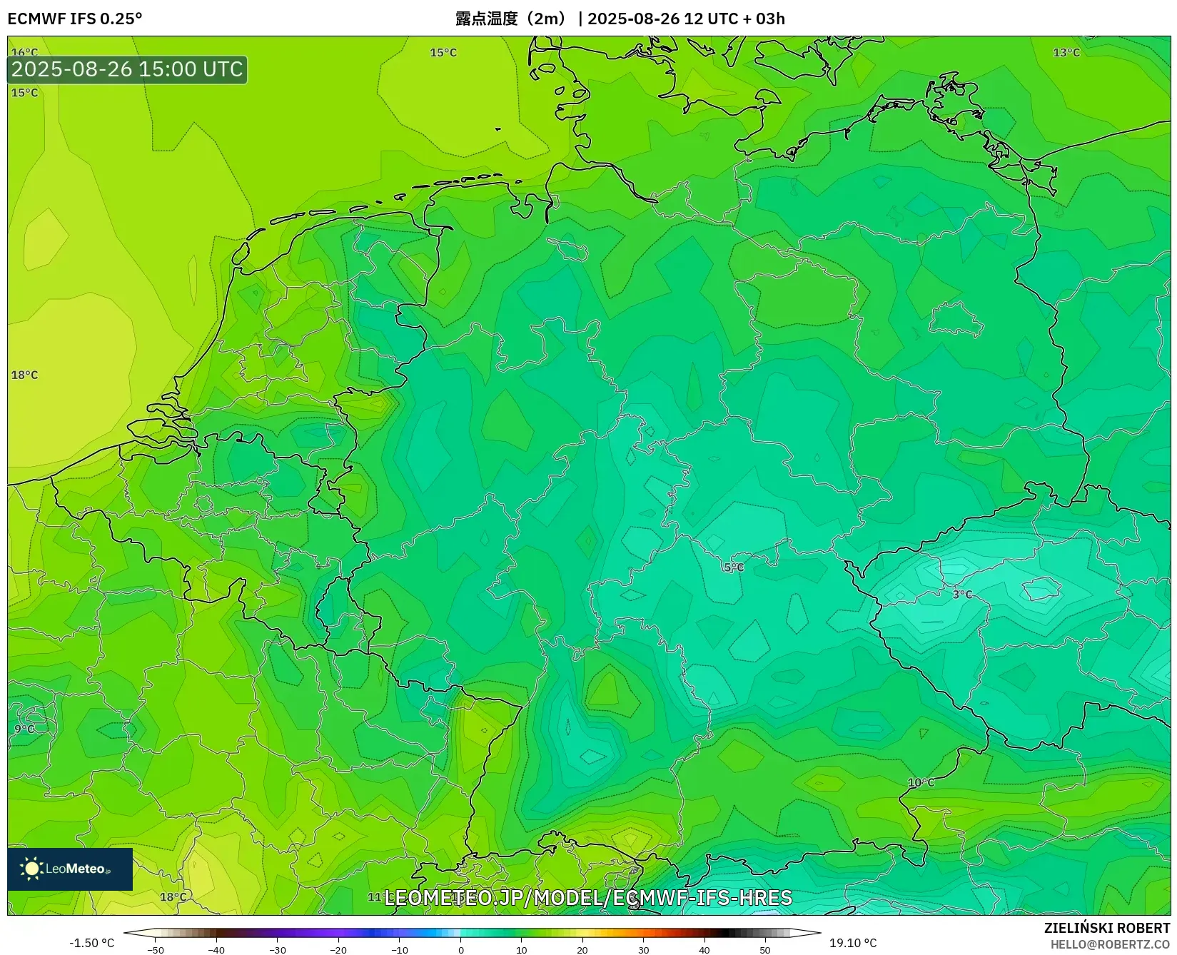 ECMWF IFS 0.25° model - ドイツ, 露点温度(2m) ECMWF IFS 0.25° model - ドイツ, 露点温度(2m)