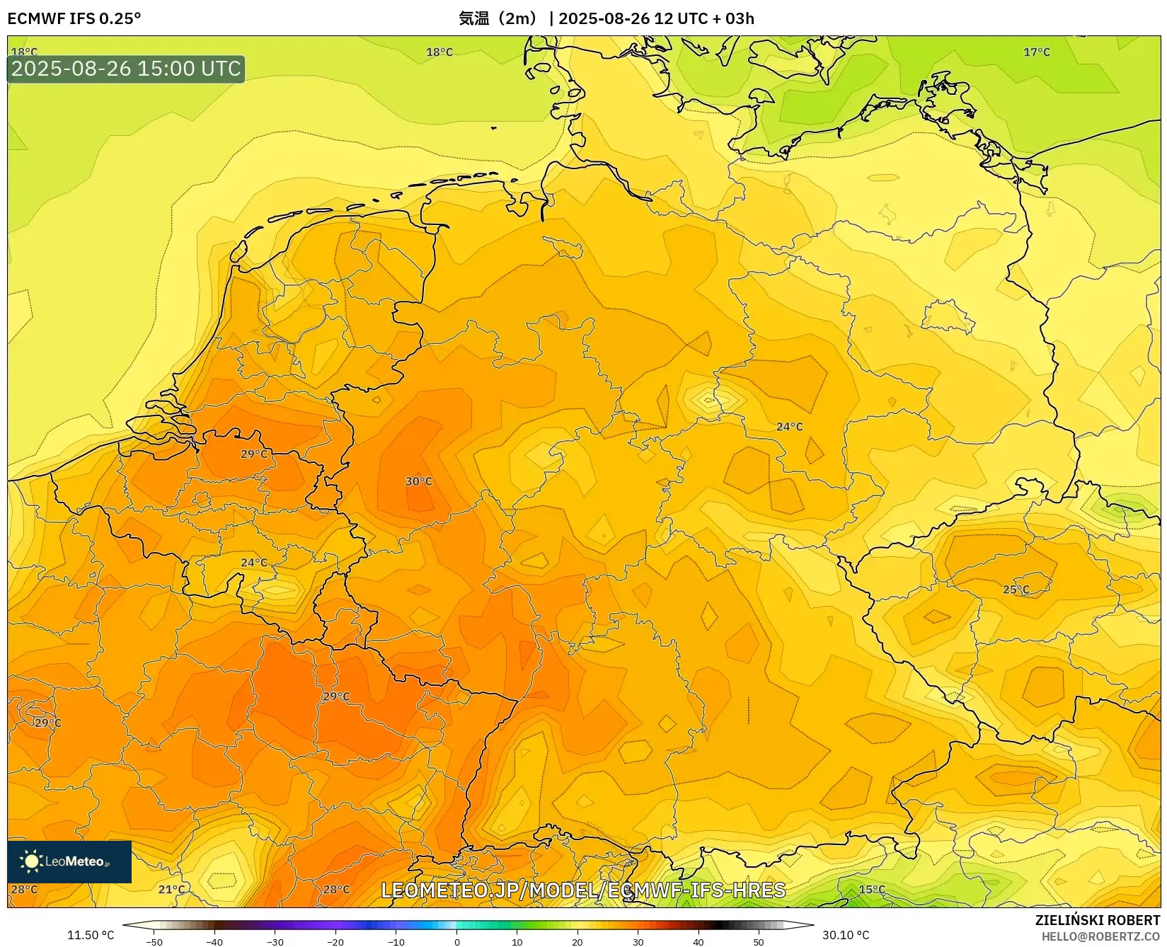 ECMWF IFS 0.25° model - ドイツ, 気温(2m) ECMWF IFS 0.25° model - ドイツ, 気温(2m)