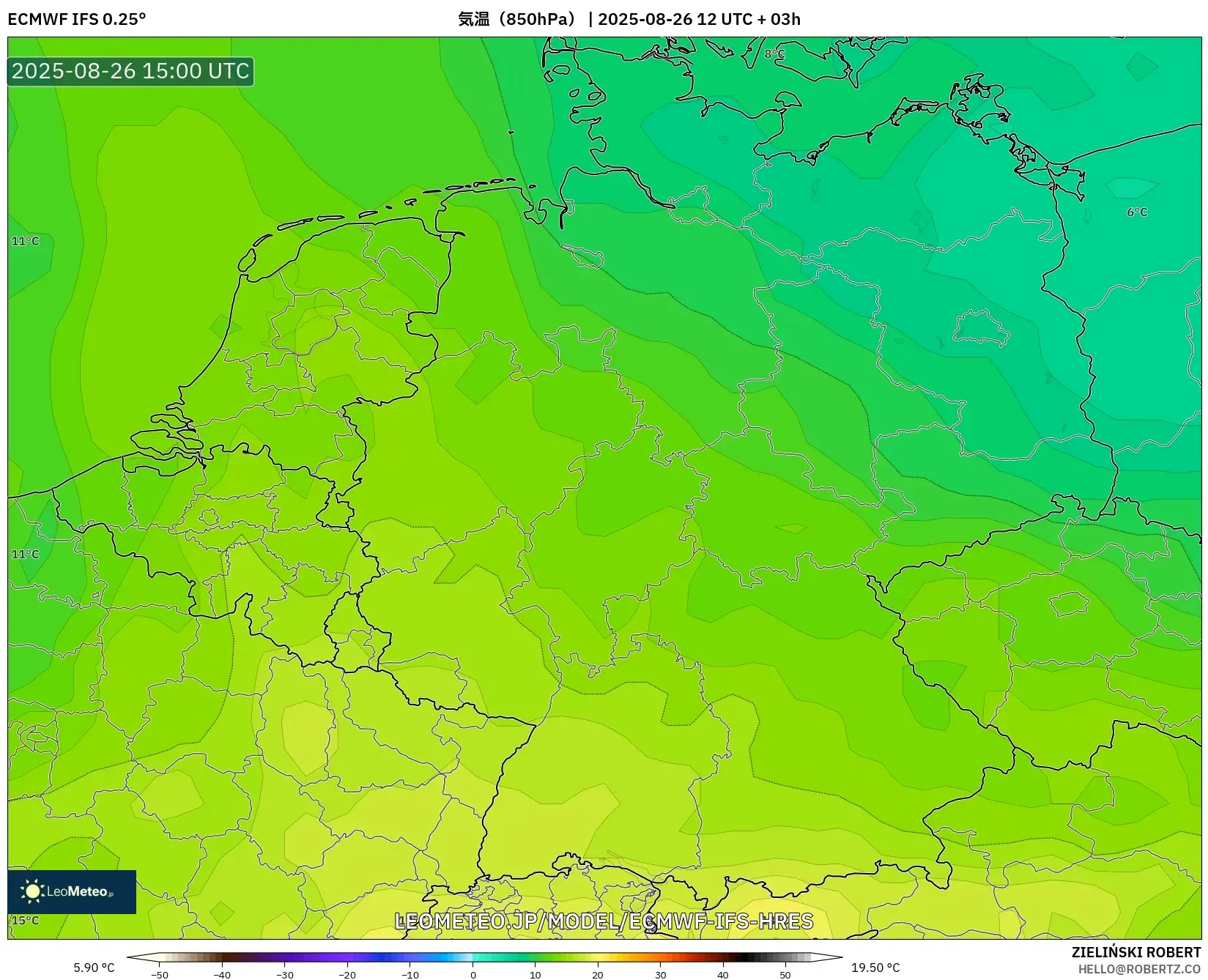 ECMWF IFS 0.25° model - ドイツ, 気温(850hPa) ECMWF IFS 0.25° model - ドイツ, 気温(850hPa)