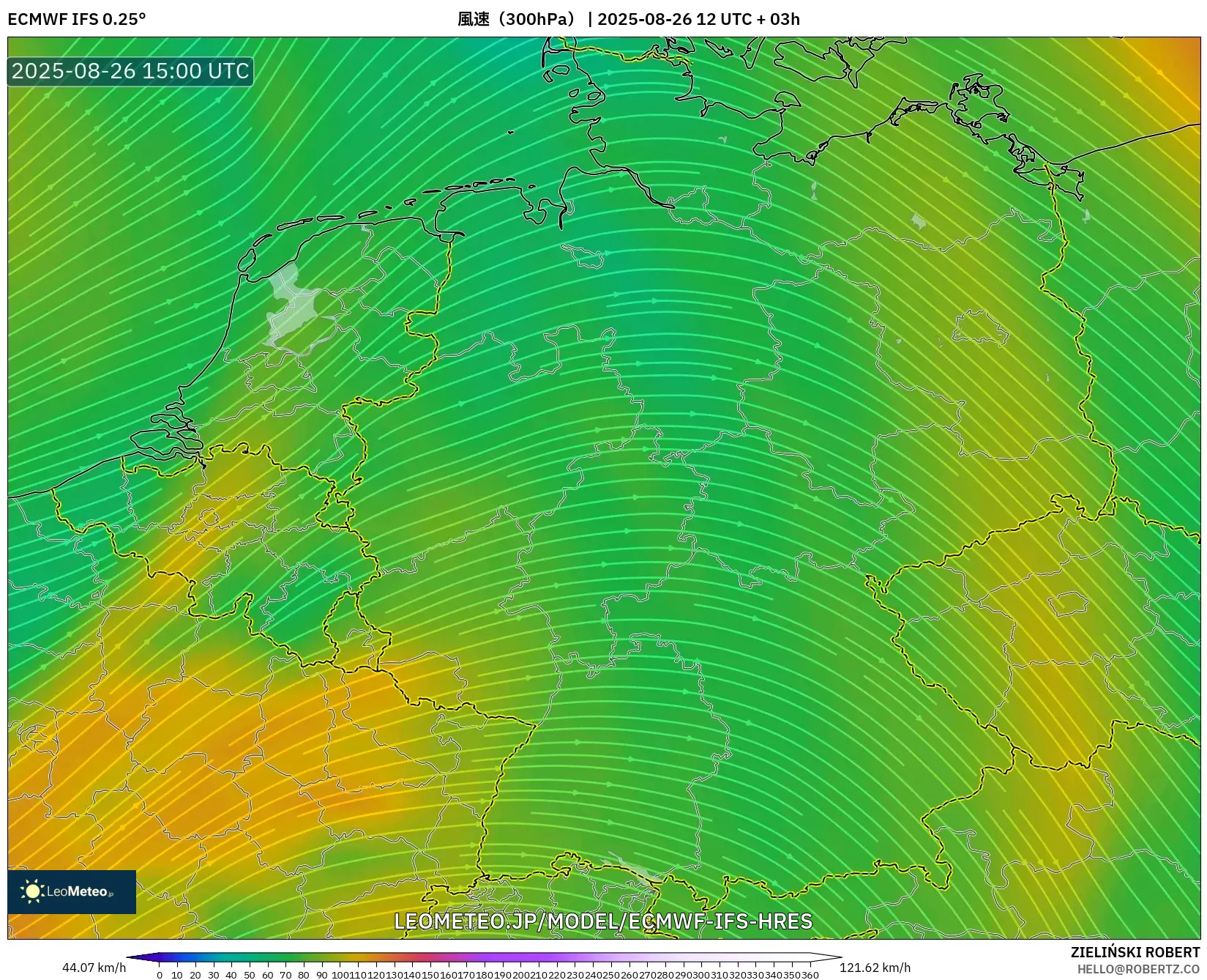 ECMWF IFS 0.25° model - ドイツ, 風速(300hPa) ECMWF IFS 0.25° model - ドイツ, 風速(300hPa)