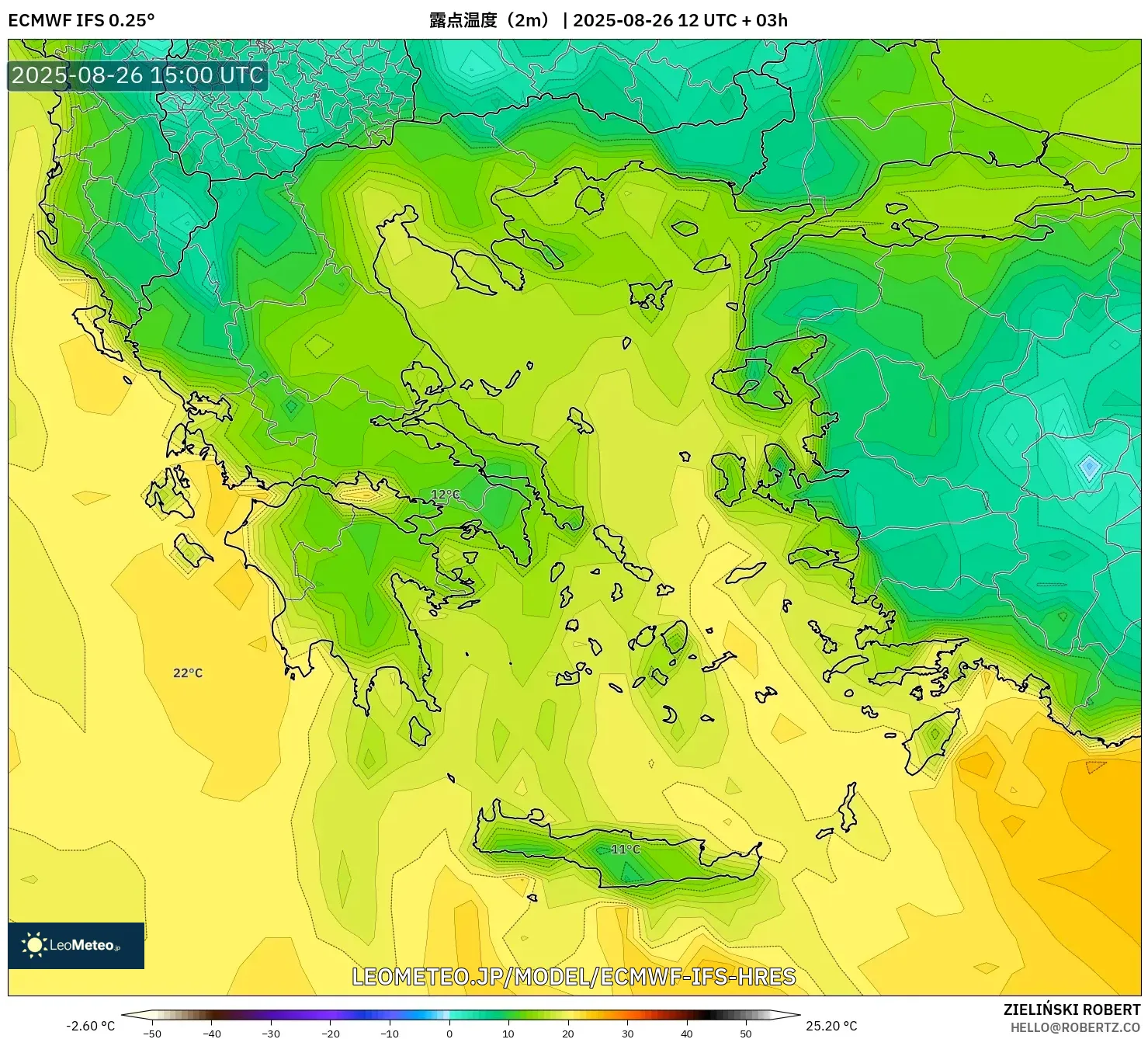 ECMWF IFS 0.25° model - ギリシャ, 露点温度(2m) ECMWF IFS 0.25° model - ギリシャ, 露点温度(2m)