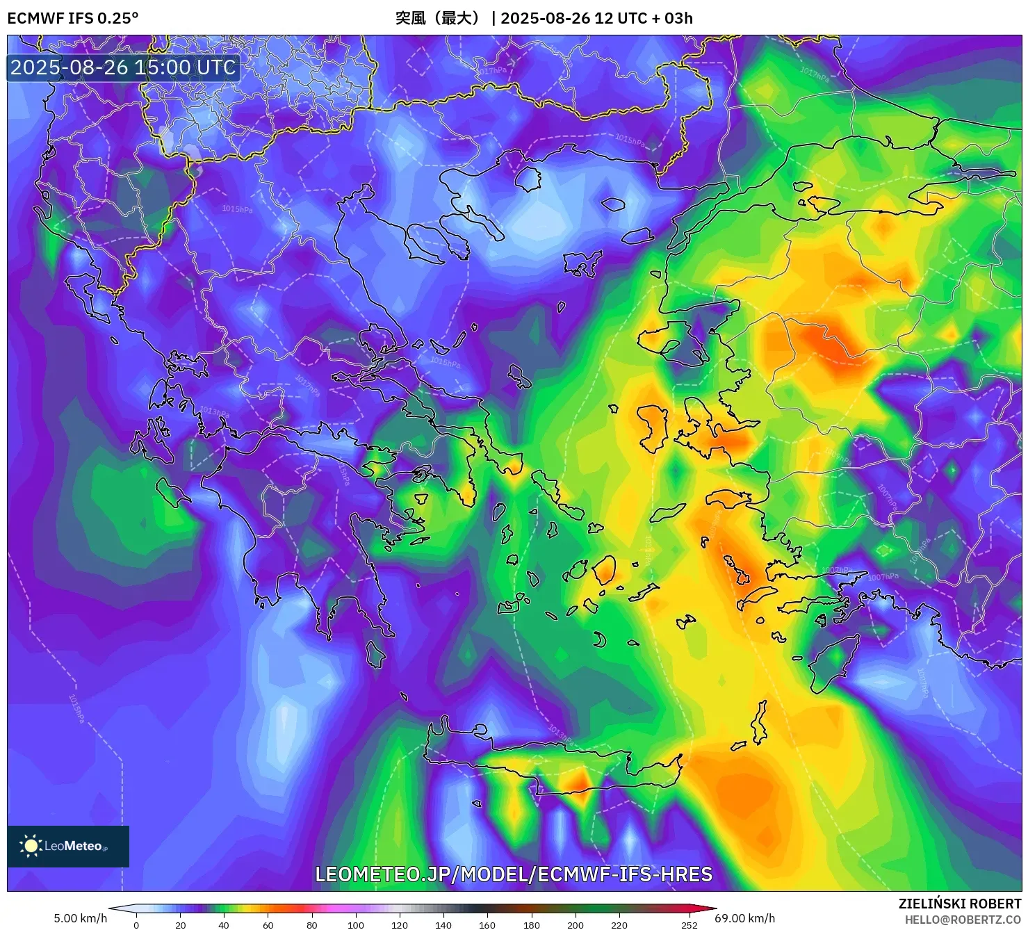 ECMWF IFS 0.25° model - ギリシャ, 突風(最大) ECMWF IFS 0.25° model - ギリシャ, 突風(最大)