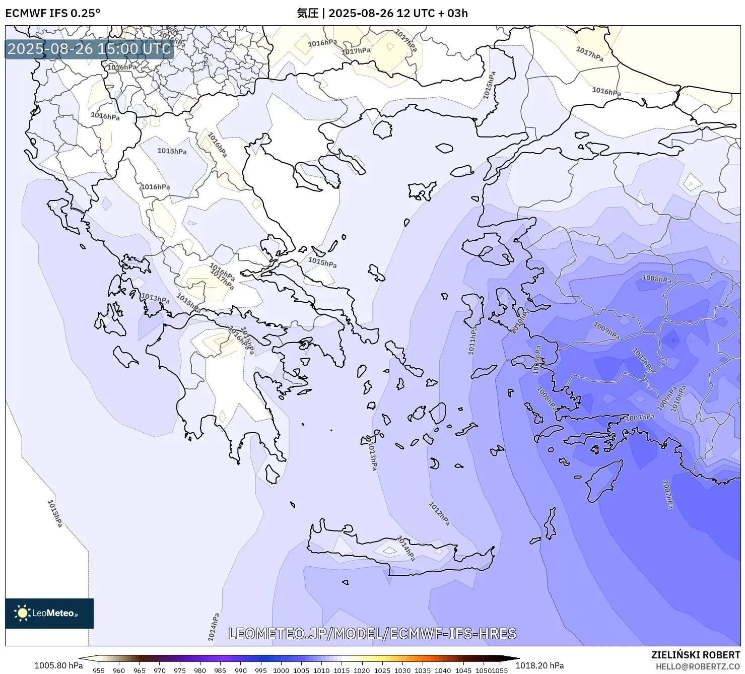 ECMWF IFS 0.25° model - ギリシャ, 気圧 ECMWF IFS 0.25° model - ギリシャ, 気圧