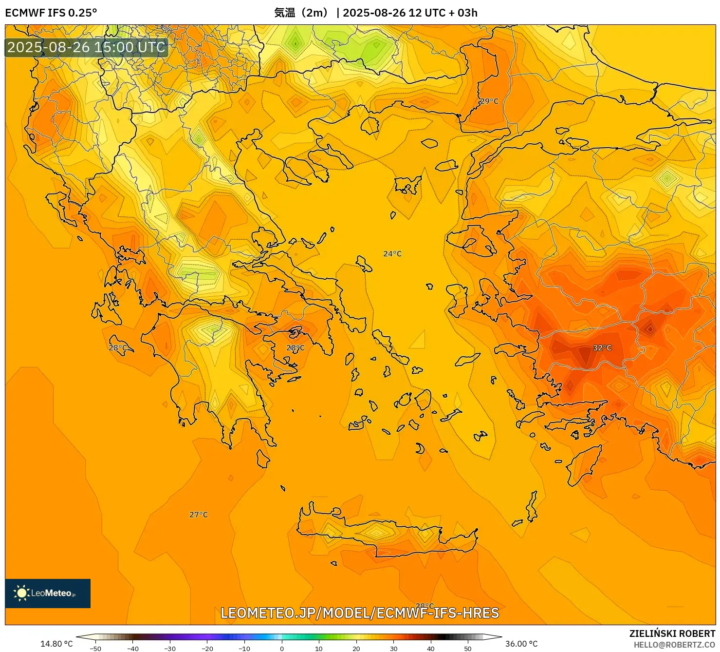 ECMWF IFS 0.25° model - ギリシャ, 気温(2m) ECMWF IFS 0.25° model - ギリシャ, 気温(2m)
