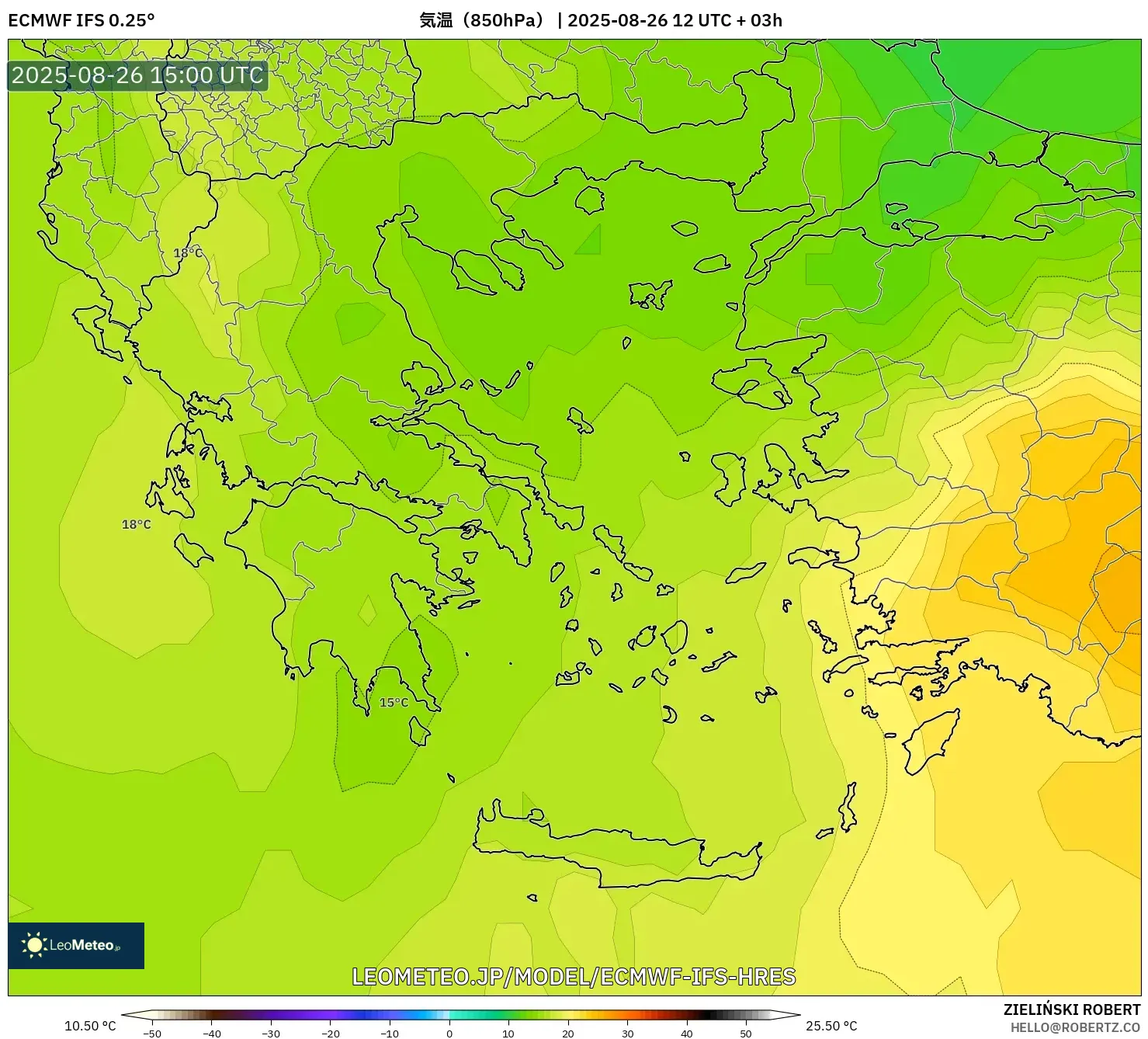 ECMWF IFS 0.25° model - ギリシャ, 気温(850hPa) ECMWF IFS 0.25° model - ギリシャ, 気温(850hPa)