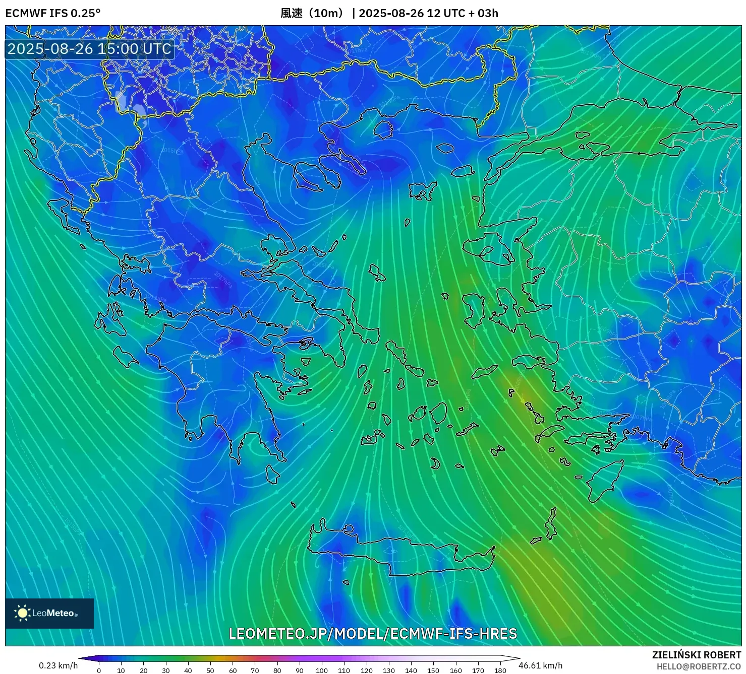 ECMWF IFS 0.25° model - ギリシャ, 風速(10m) ECMWF IFS 0.25° model - ギリシャ, 風速(10m)