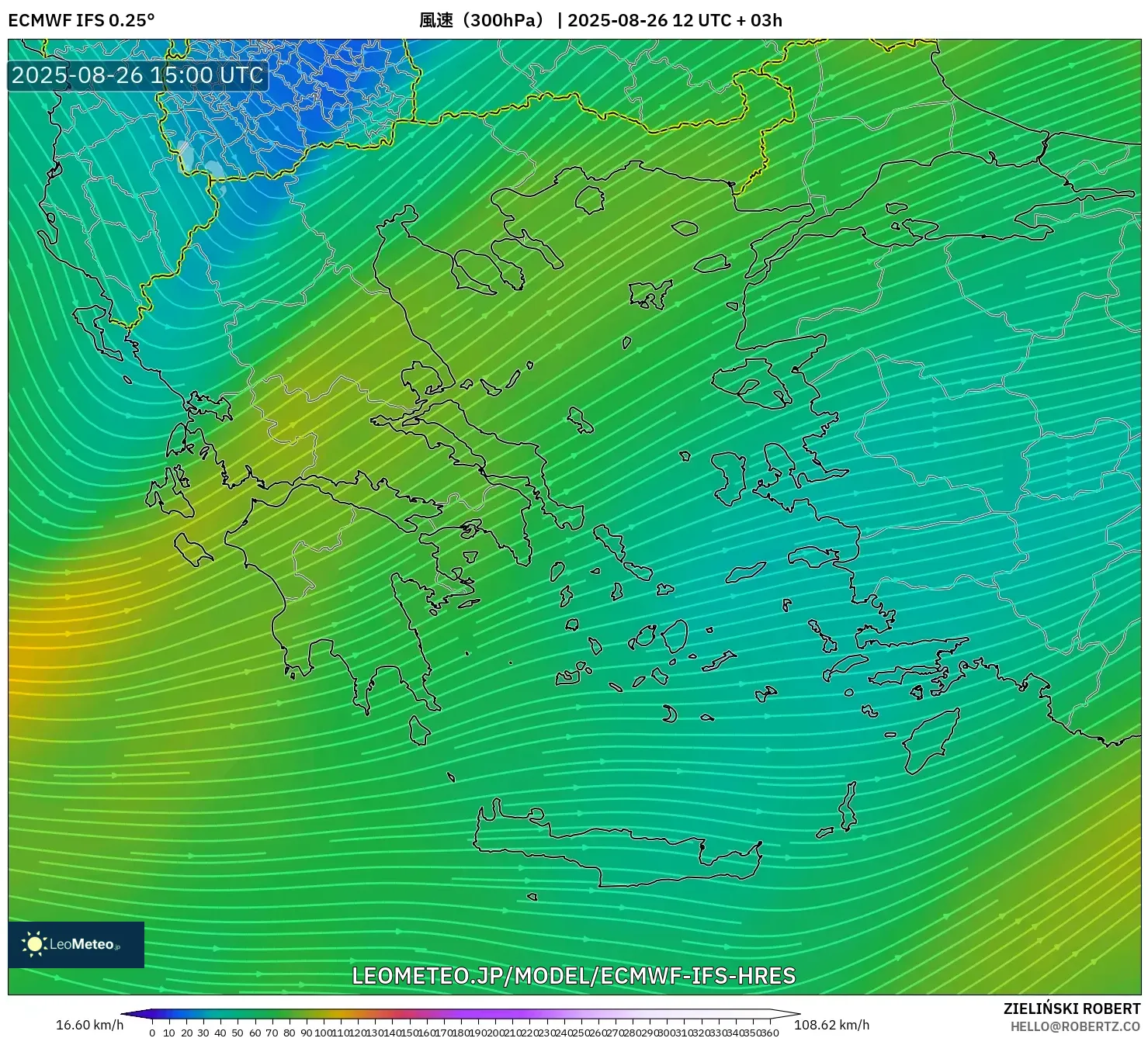 ECMWF IFS 0.25° model - ギリシャ, 風速(300hPa) ECMWF IFS 0.25° model - ギリシャ, 風速(300hPa)