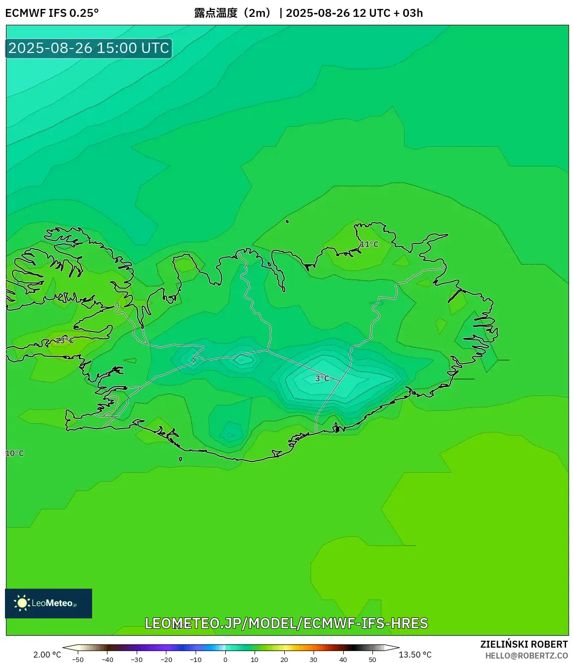 ECMWF IFS 0.25° model - アイスランド, 露点温度(2m) ECMWF IFS 0.25° model - アイスランド, 露点温度(2m)