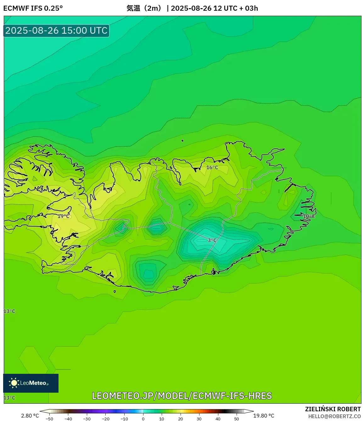 ECMWF IFS 0.25° model - アイスランド, 気温(2m) ECMWF IFS 0.25° model - アイスランド, 気温(2m)