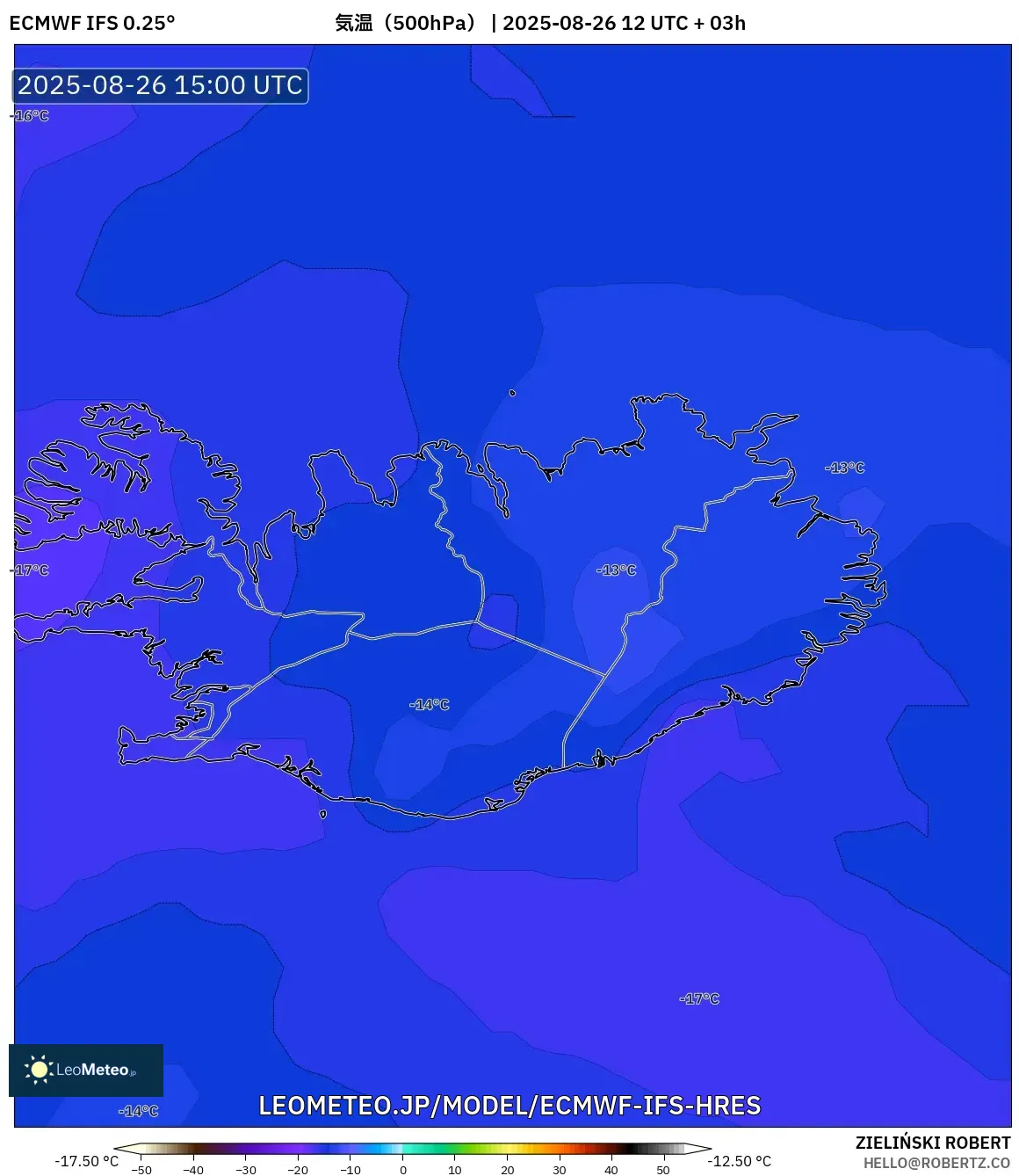 ECMWF IFS 0.25° model - アイスランド, 気温（500hPa）