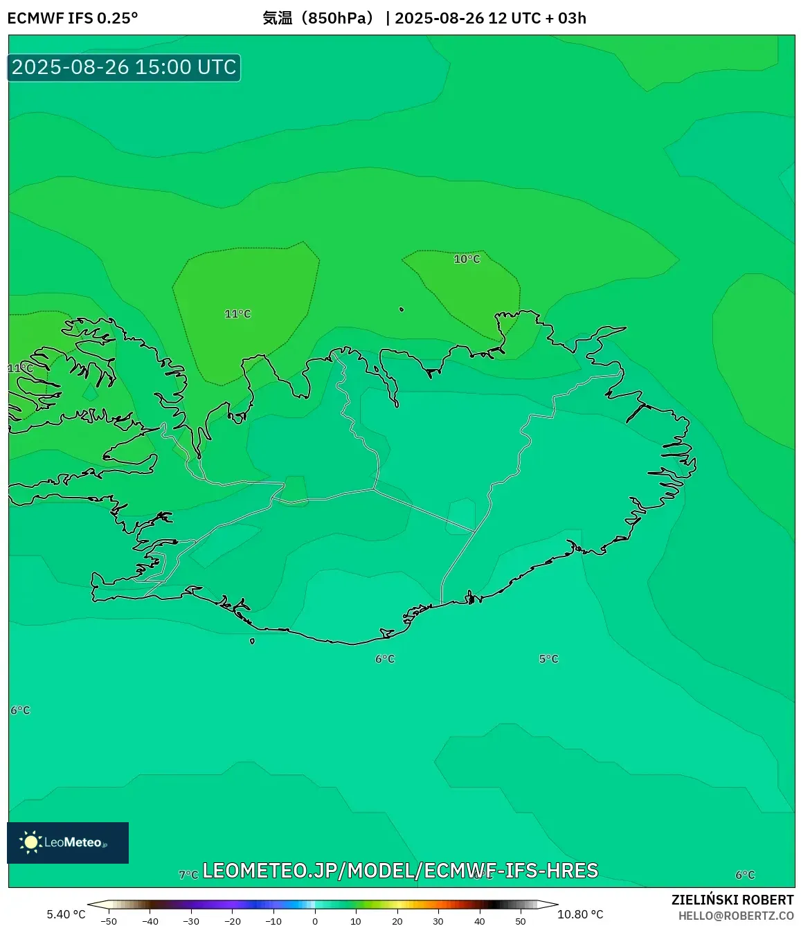 ECMWF IFS 0.25° model - アイスランド, 気温(850hPa) ECMWF IFS 0.25° model - アイスランド, 気温(850hPa)