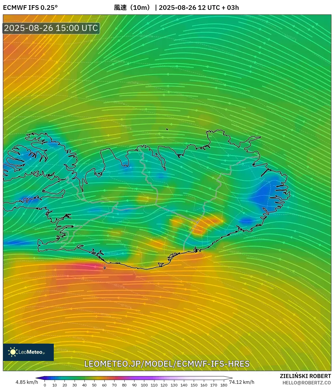 ECMWF IFS 0.25° model - アイスランド, 風速(10m) ECMWF IFS 0.25° model - アイスランド, 風速(10m)