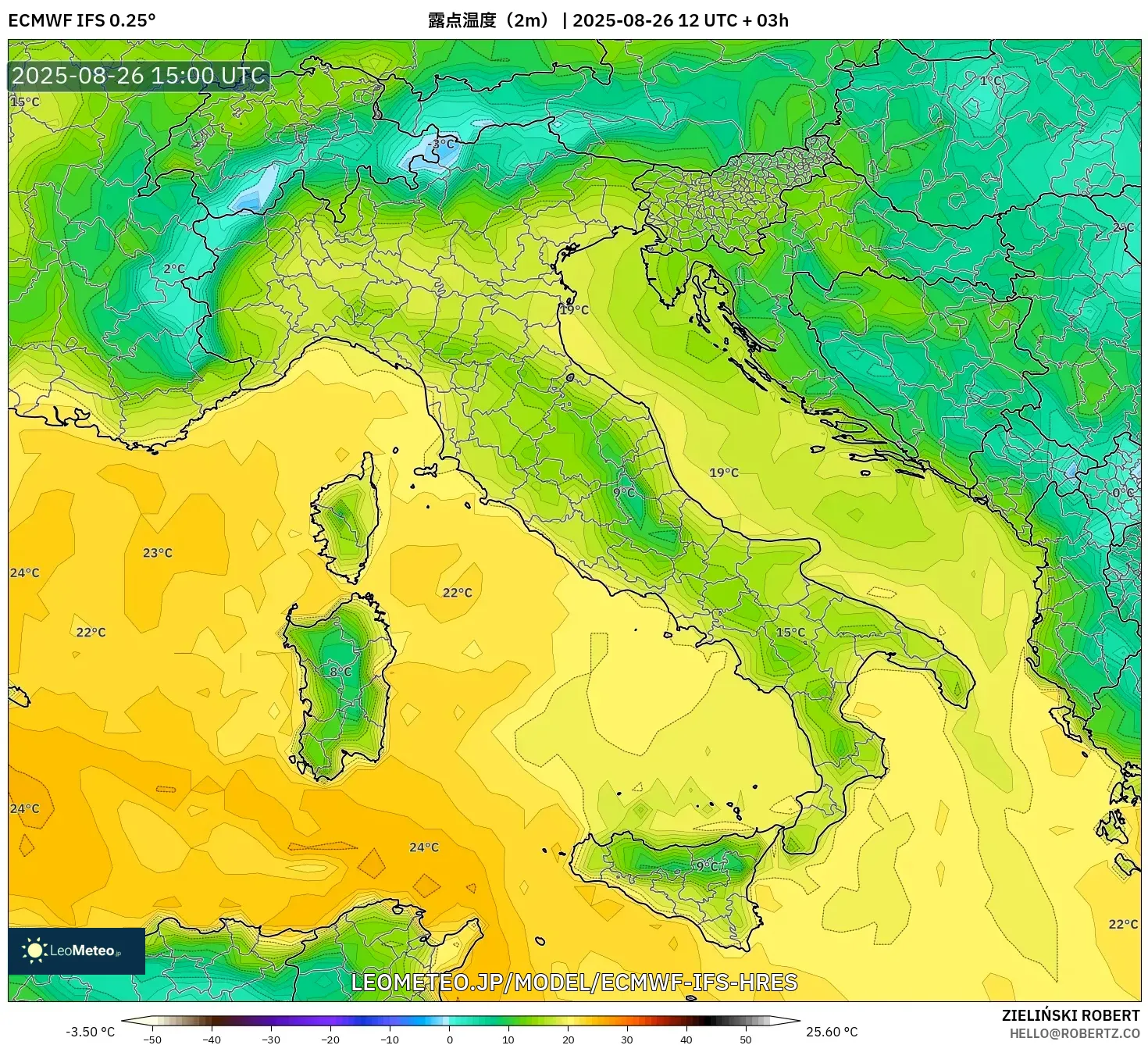 ECMWF IFS 0.25° model - イタリア, 露点温度(2m) ECMWF IFS 0.25° model - イタリア, 露点温度(2m)