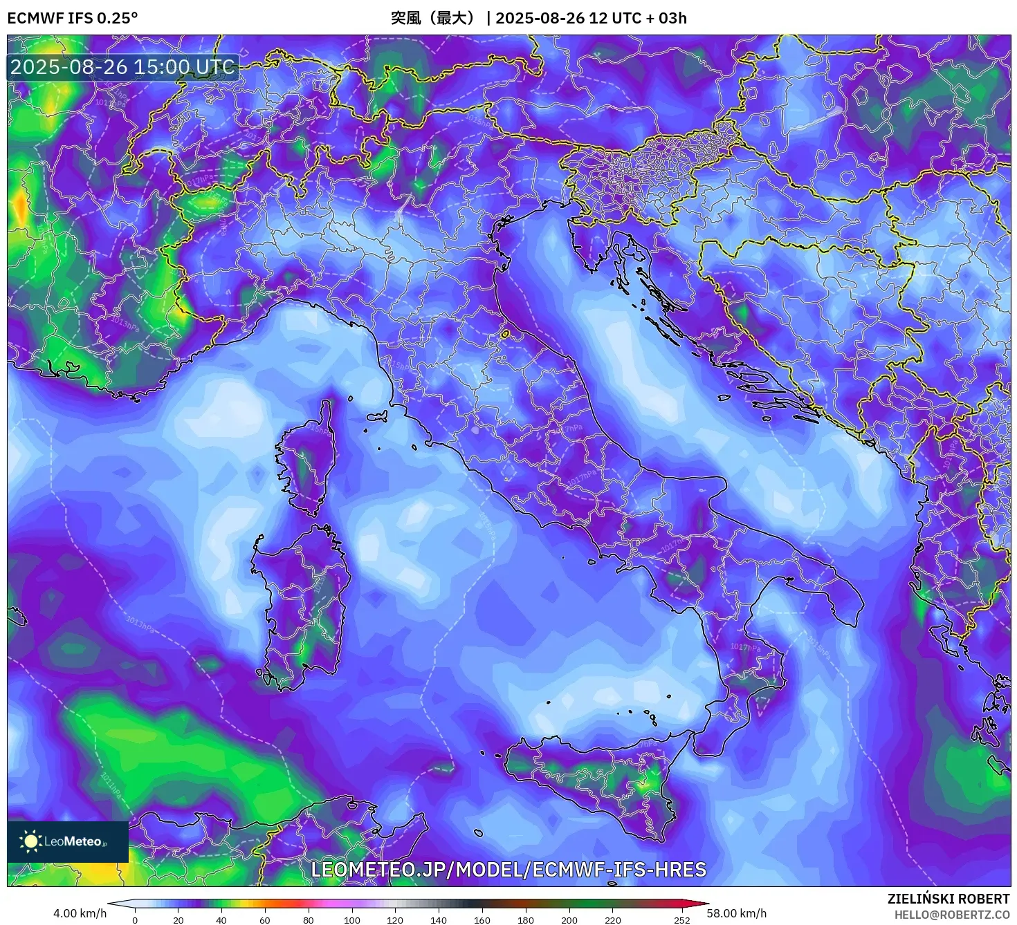 ECMWF IFS 0.25° model - イタリア, 突風(最大) ECMWF IFS 0.25° model - イタリア, 突風(最大)