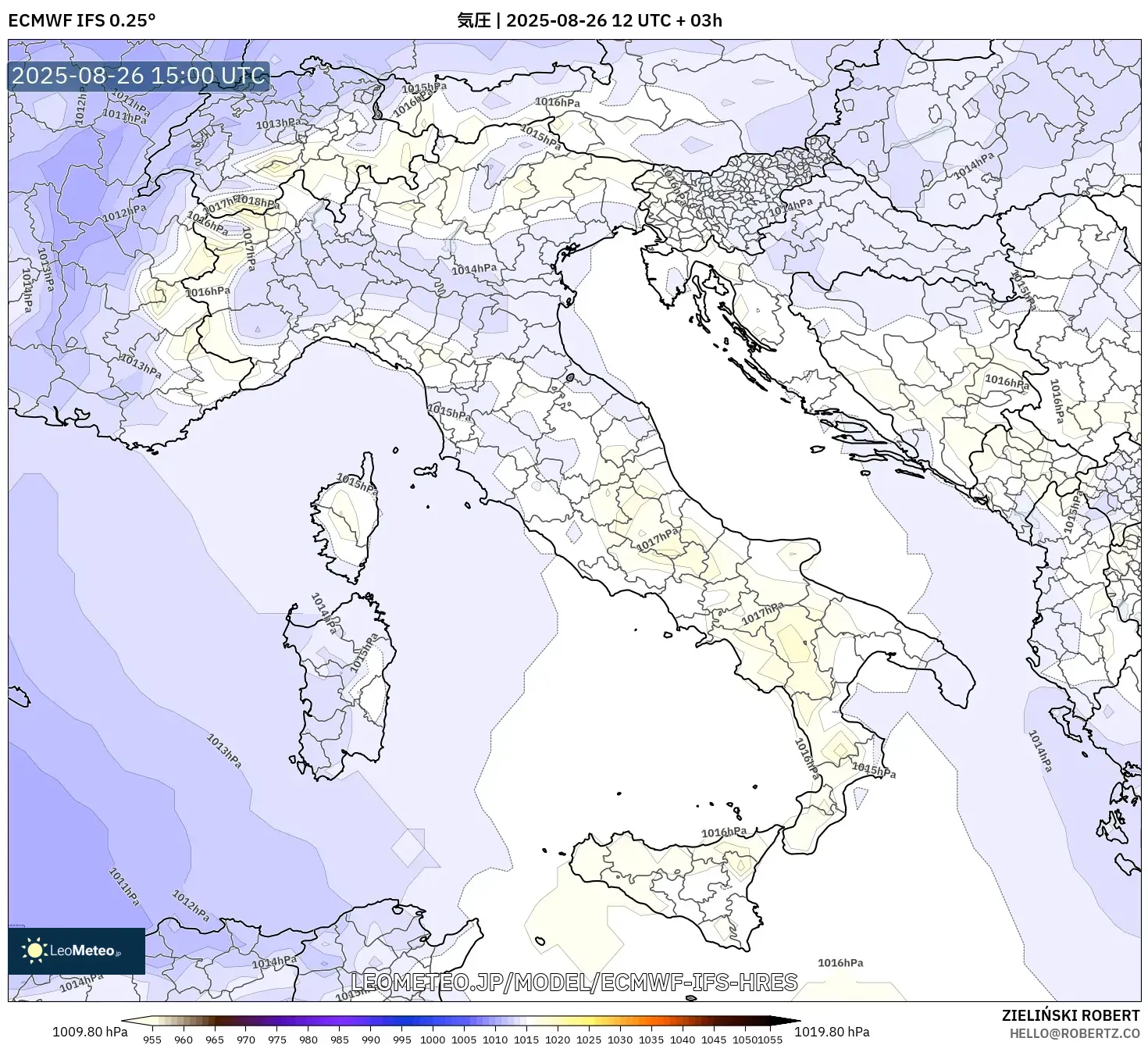 ECMWF IFS 0.25° model - イタリア, 気圧 ECMWF IFS 0.25° model - イタリア, 気圧