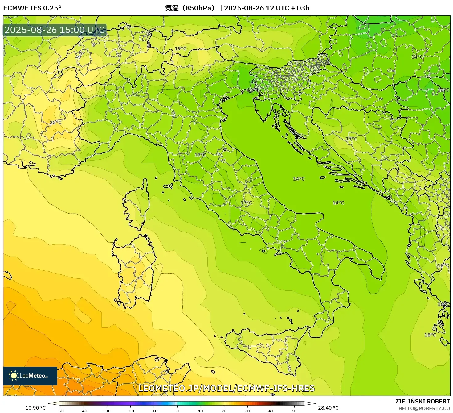 ECMWF IFS 0.25° model - イタリア, 気温（850hPa）