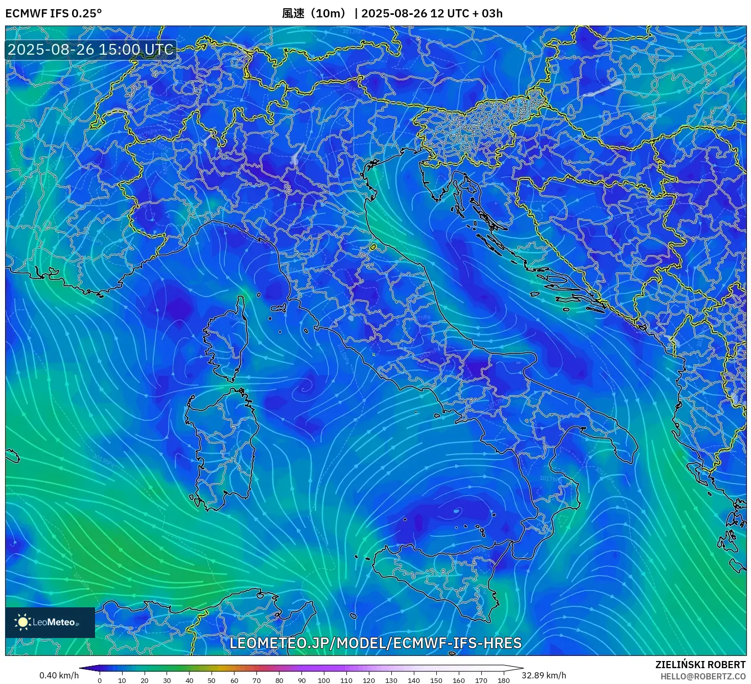 ECMWF IFS 0.25° model - イタリア, 風速（10m）