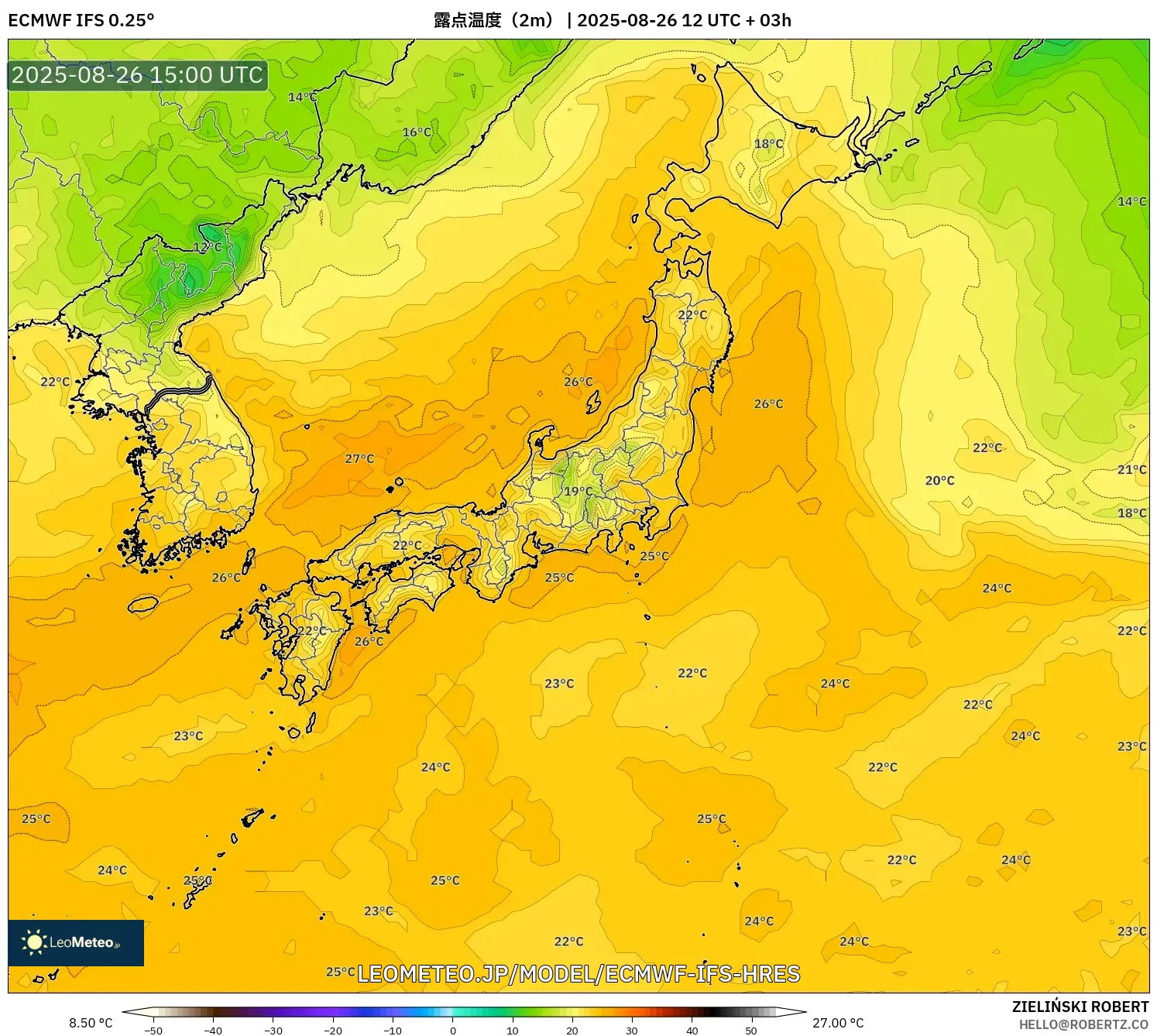 ECMWF IFS 0.25° model - 日本, 露点温度（2m）