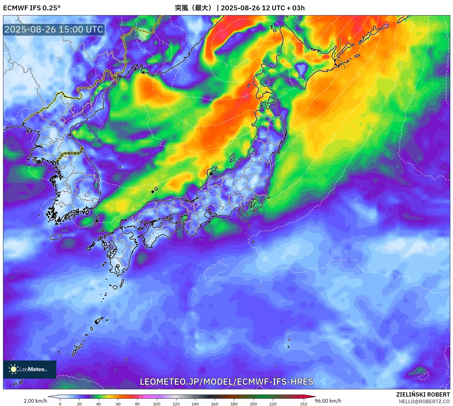 ECMWF IFS 0.25° model - 日本, 突風(最大) ECMWF IFS 0.25° model - 日本, 突風(最大)