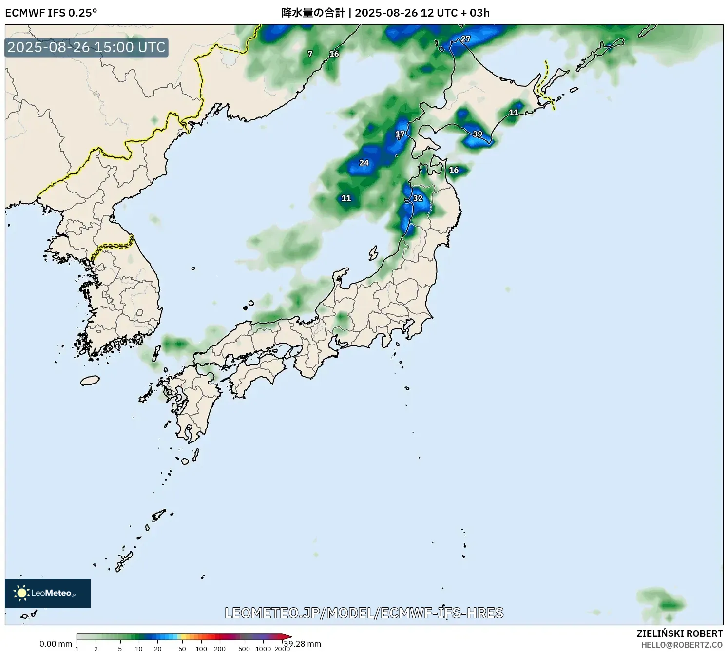 ECMWF IFS 0.25° model - 日本, 降水量の合計 ECMWF IFS 0.25° model - 日本, 降水量の合計