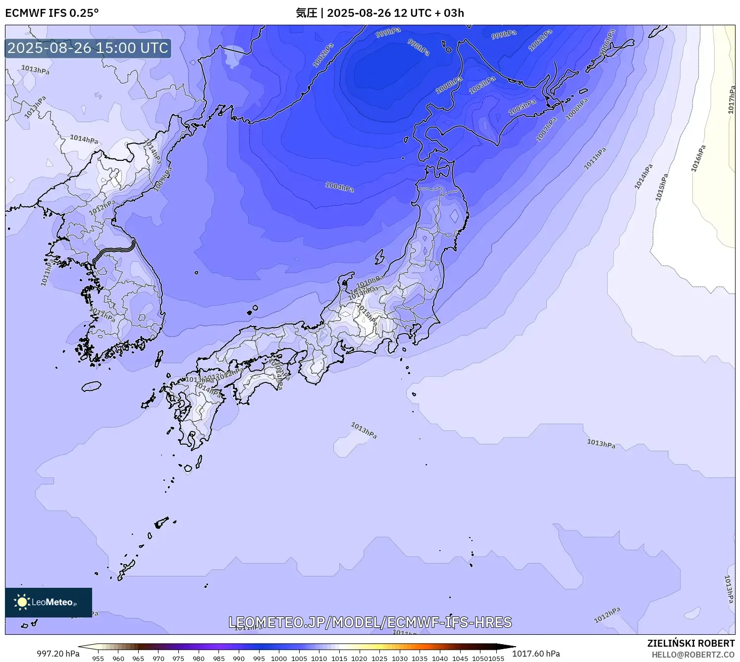 ECMWF IFS 0.25° model - 日本, 気圧 ECMWF IFS 0.25° model - 日本, 気圧