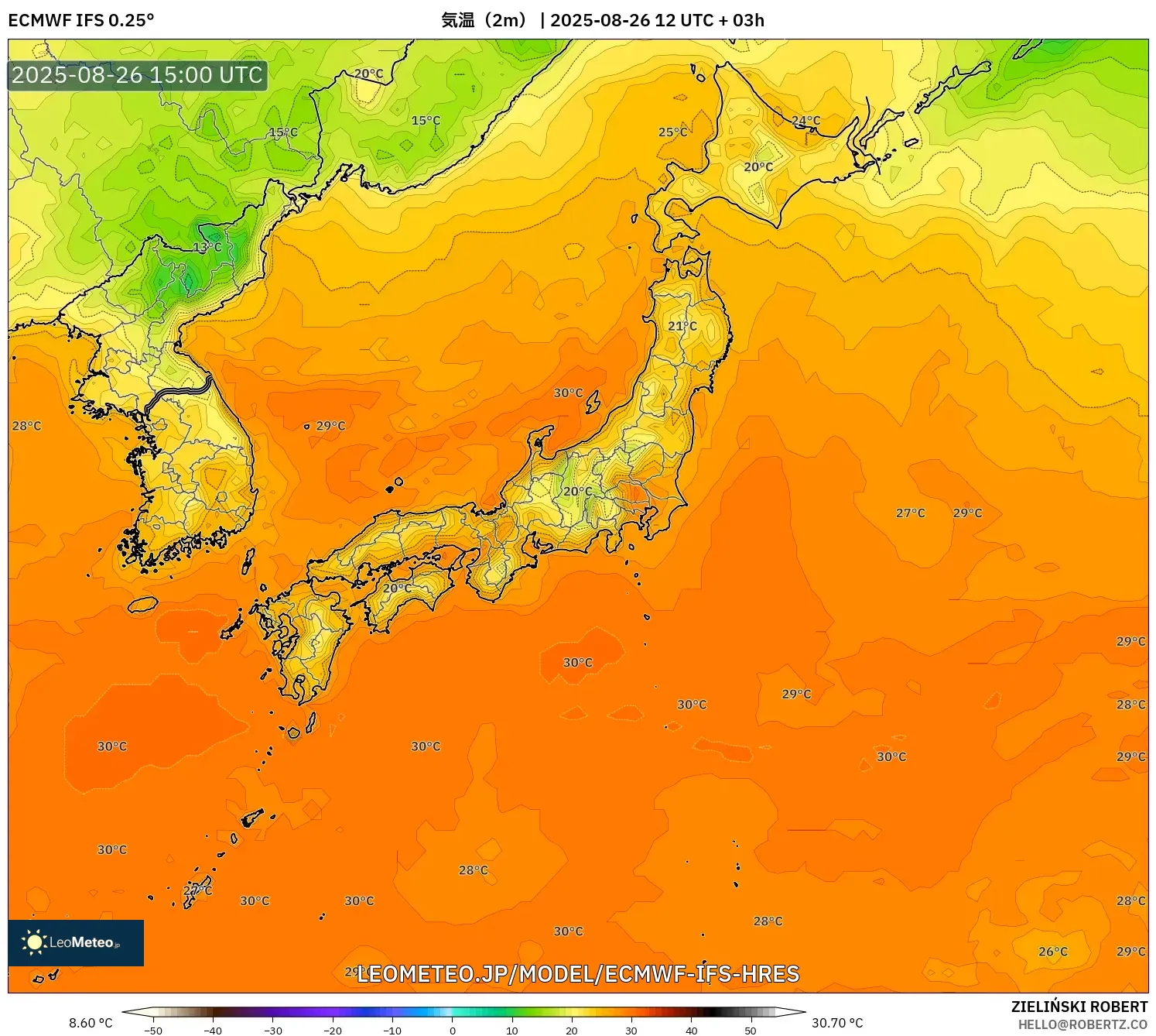 ECMWF IFS 0.25° model - 日本, 気温(2m) ECMWF IFS 0.25° model - 日本, 気温(2m)